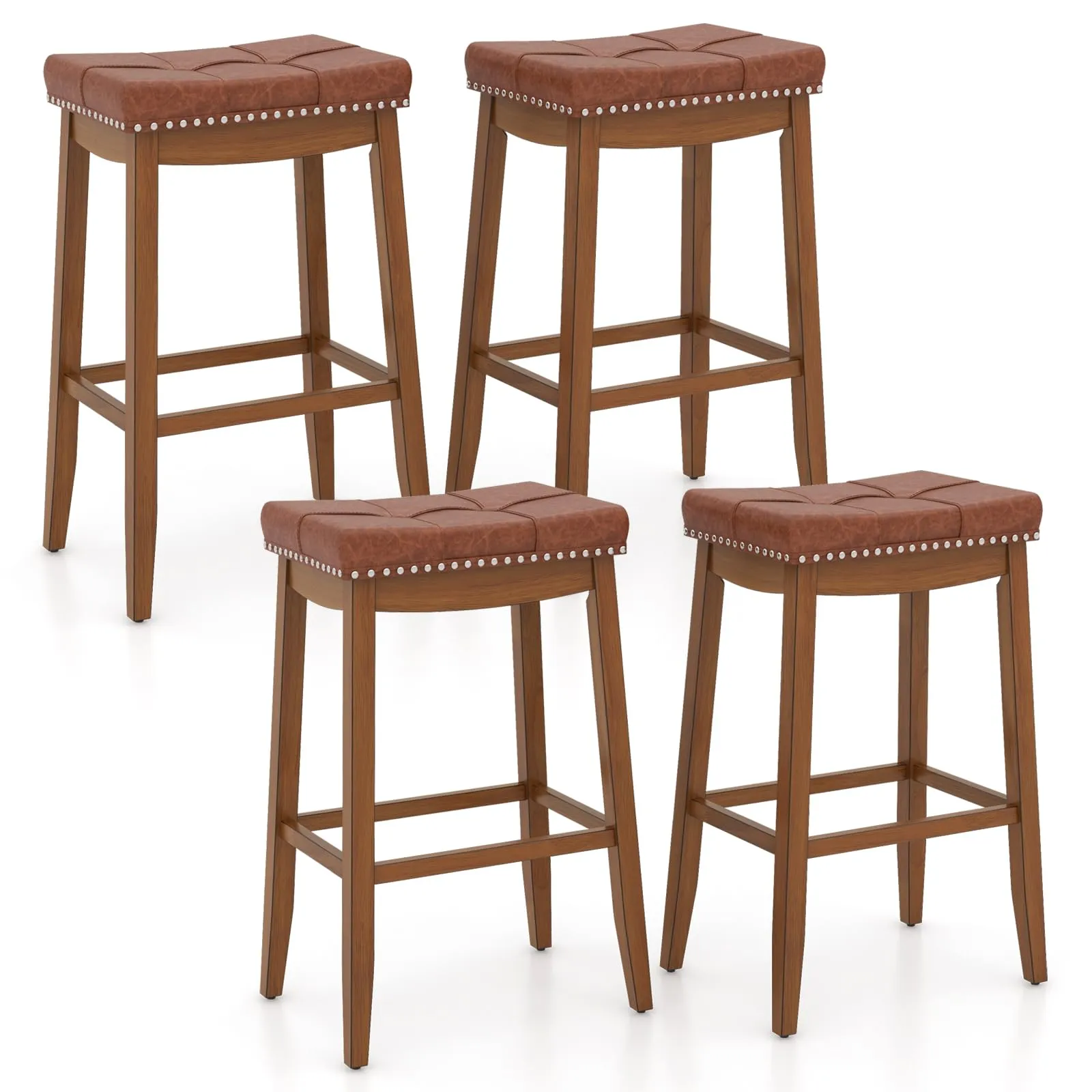 Giantex Bar Stools Set, 29" Counter Height Bar Stools w/Saddle Seat, Footrest, Rivet, Button Tufted, Rubber Wood Frame kitchen barstool, adjustable bar stool