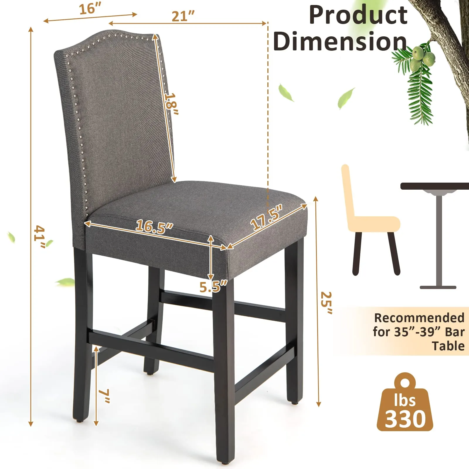 Giantex Bar Stools Set of 2, 25" Counter Height Bar Dining Chairs with Rubber Wood Legs