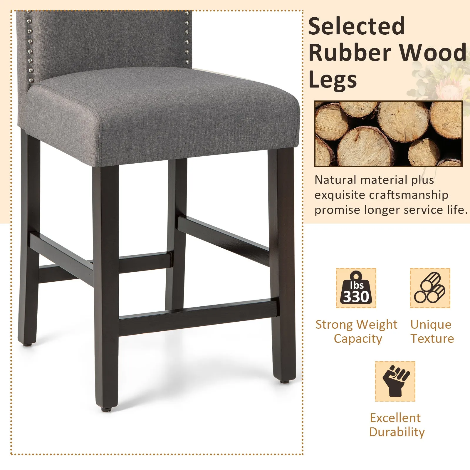 Giantex Bar Stools Set of 2, 25" Counter Height Bar Dining Chairs with Rubber Wood Legs