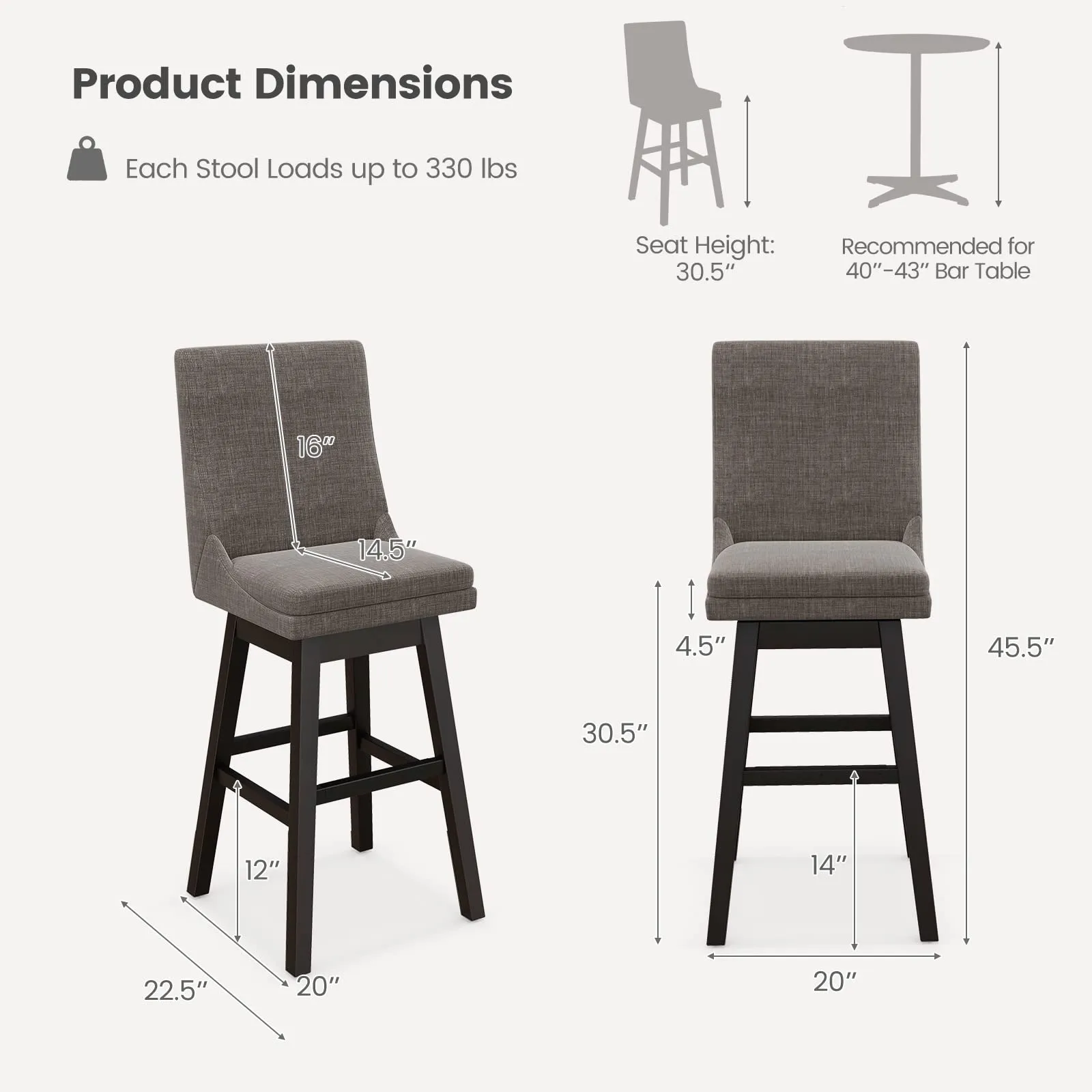 Giantex Bar Stools Set of 2, 30.5" Bar Height 360-degree Swivel Barstools with Rubber Wood Legs, Gray