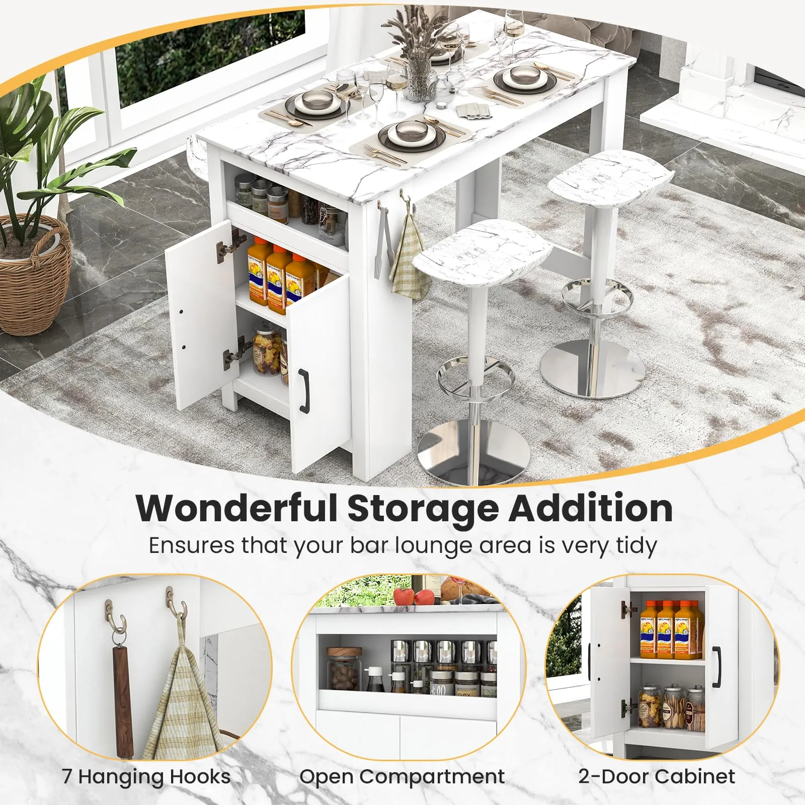 Giantex Bar Table, 47 Counter Height Dining Table with 7 Hanging Hooks, Compartment, Cabinet & Adjustable Shelf