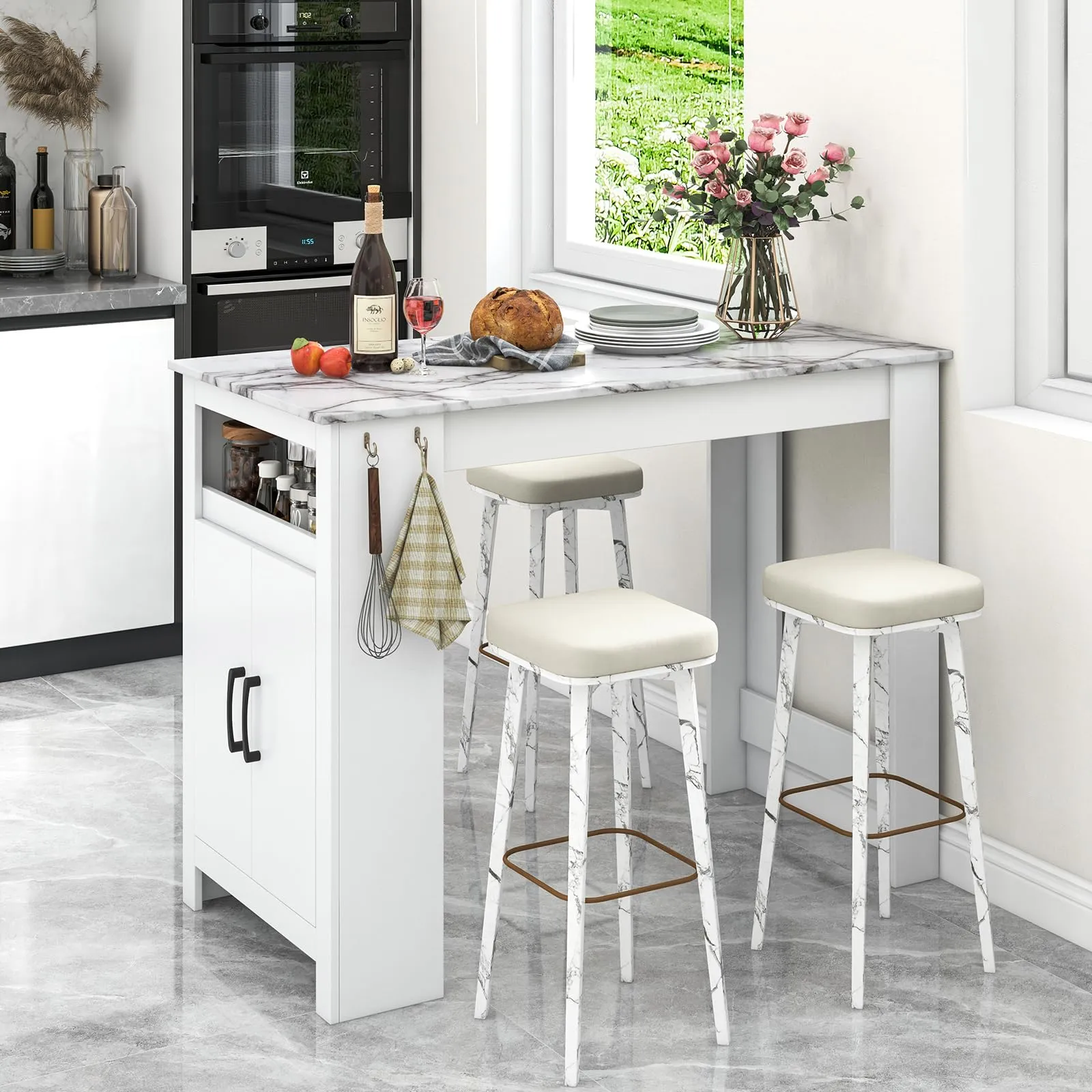 Giantex Bar Table, 47 Counter Height Dining Table with 7 Hanging Hooks, Compartment, Cabinet & Adjustable Shelf