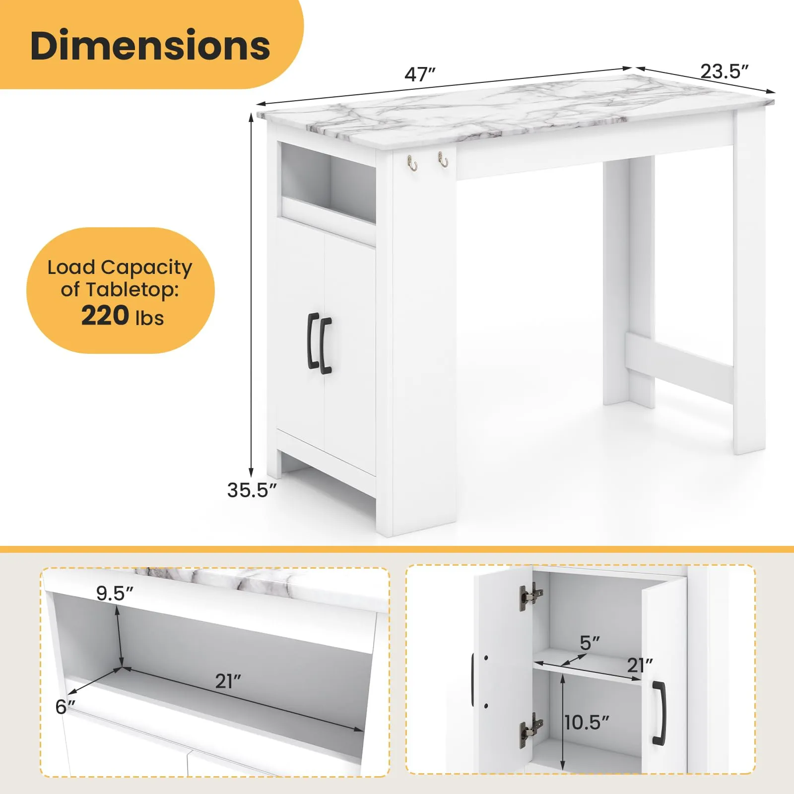 Giantex Bar Table, 47 Counter Height Dining Table with 7 Hanging Hooks, Compartment, Cabinet & Adjustable Shelf