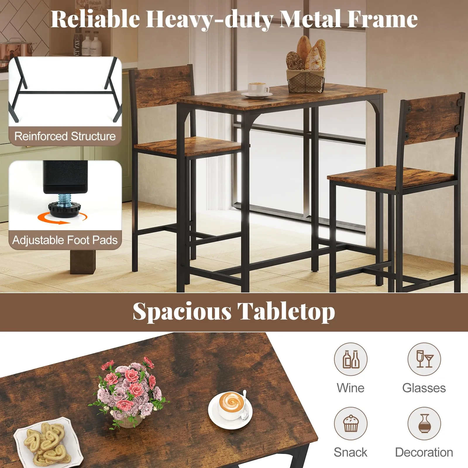 Giantex Bar Table and Chair Set with 2 Counter Height Bar Stools