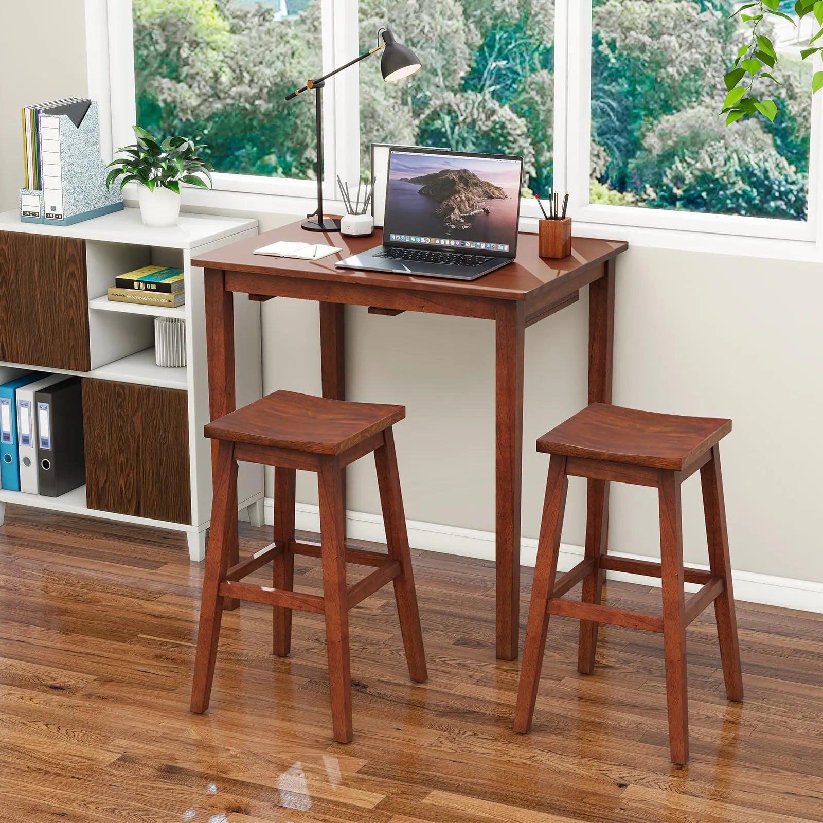 Giantex Bar Table and Chairs Set - 3-Piece Counter Height Dining Table Set with Hangable Bar Stools