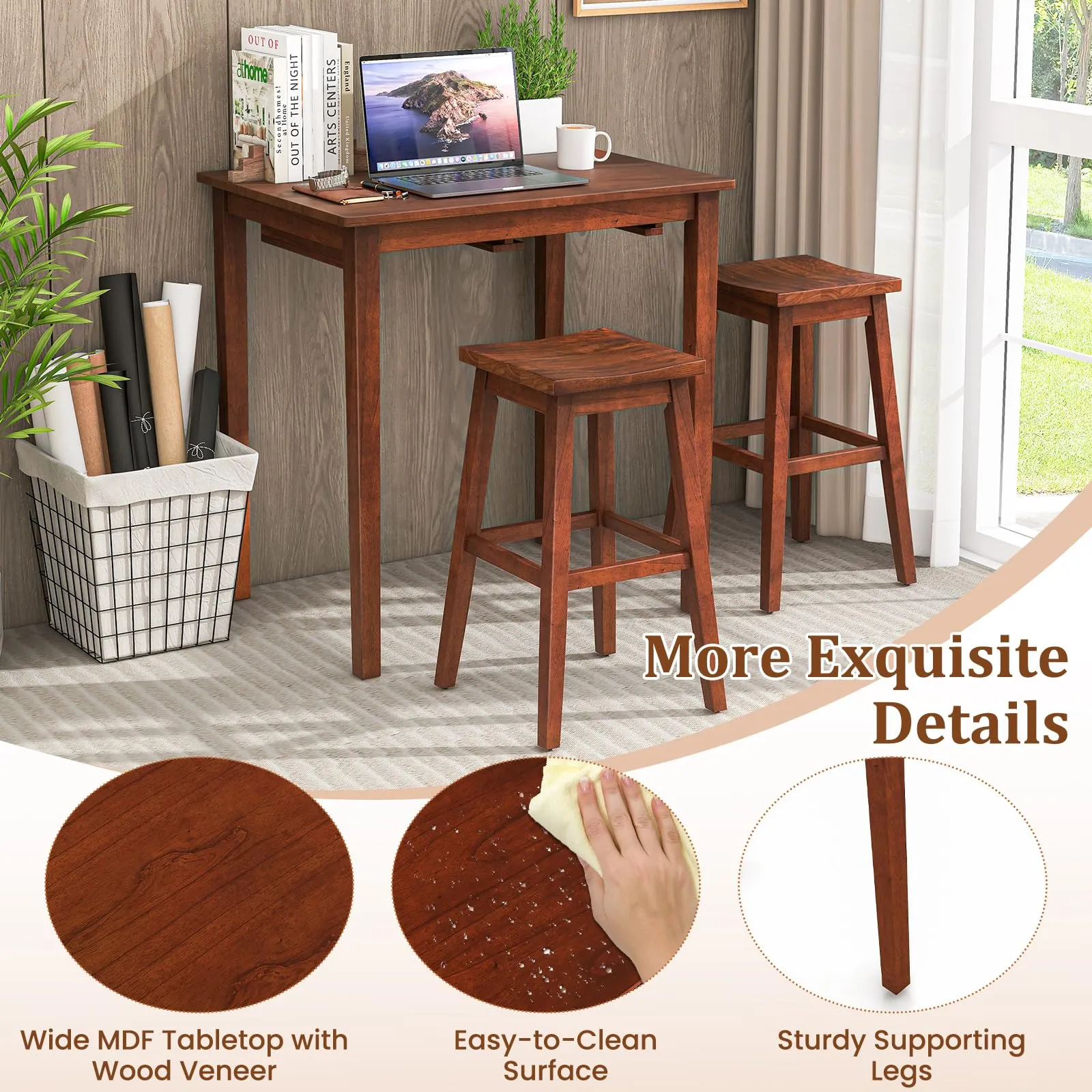 Giantex Bar Table and Chairs Set - 3-Piece Counter Height Dining Table Set with Hangable Bar Stools