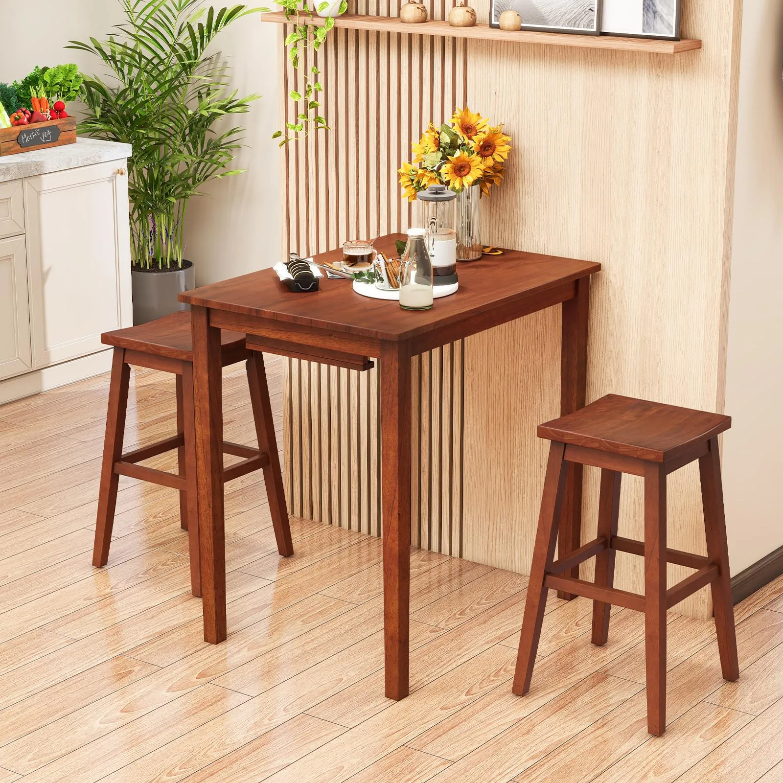 Giantex Bar Table and Chairs Set - 3-Piece Counter Height Dining Table Set with Hangable Bar Stools