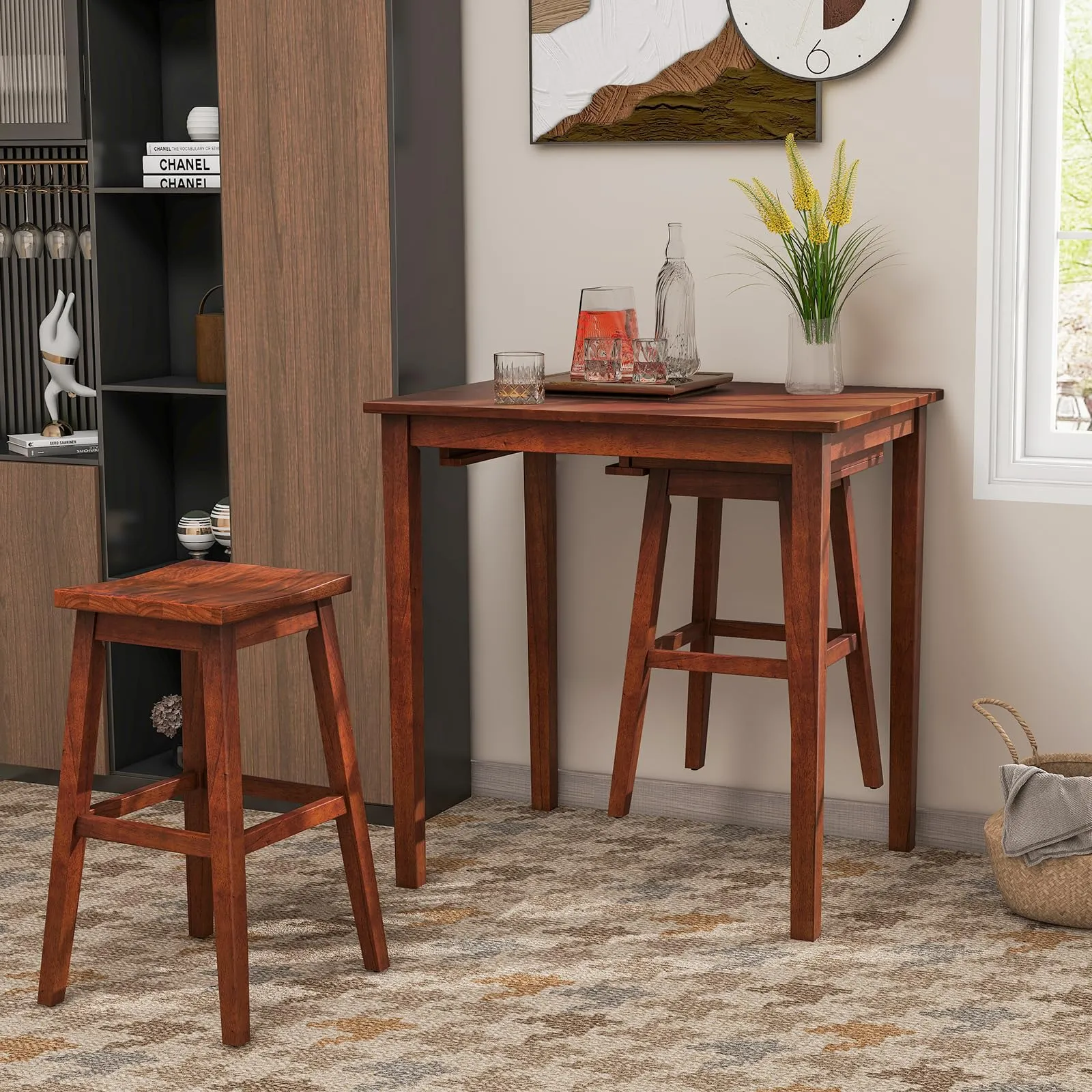 Giantex Bar Table and Chairs Set - 3-Piece Counter Height Dining Table Set with Hangable Bar Stools