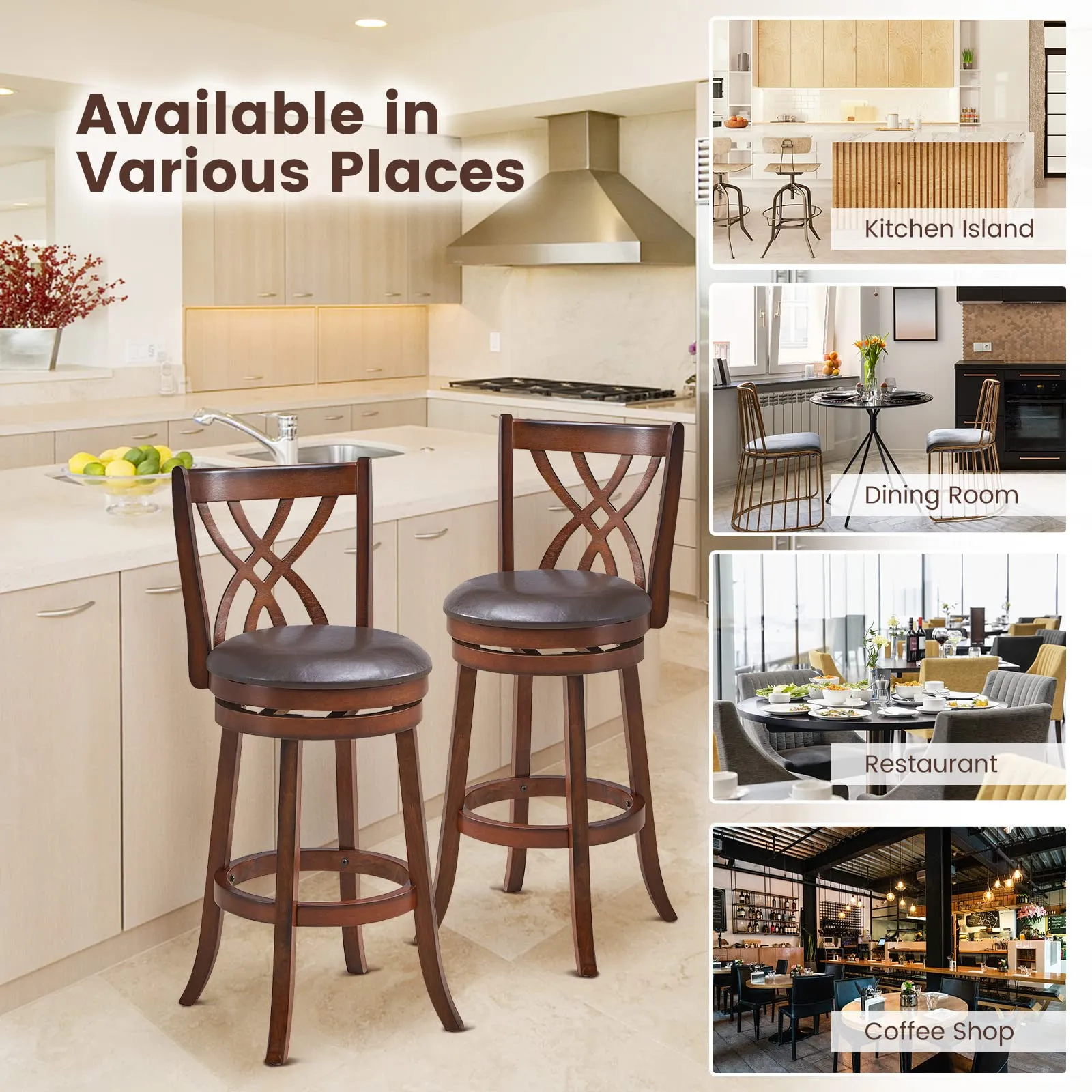 Giantex Brown Bar Stools PU Leather Cushioned Seat and Footrests, for Kitchen Island