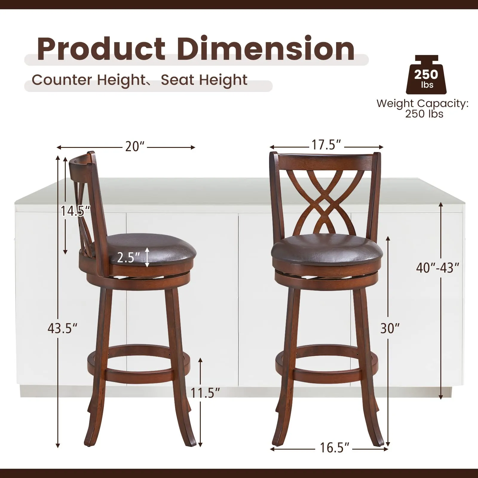 Giantex Brown Bar Stools PU Leather Cushioned Seat and Footrests, for Kitchen Island