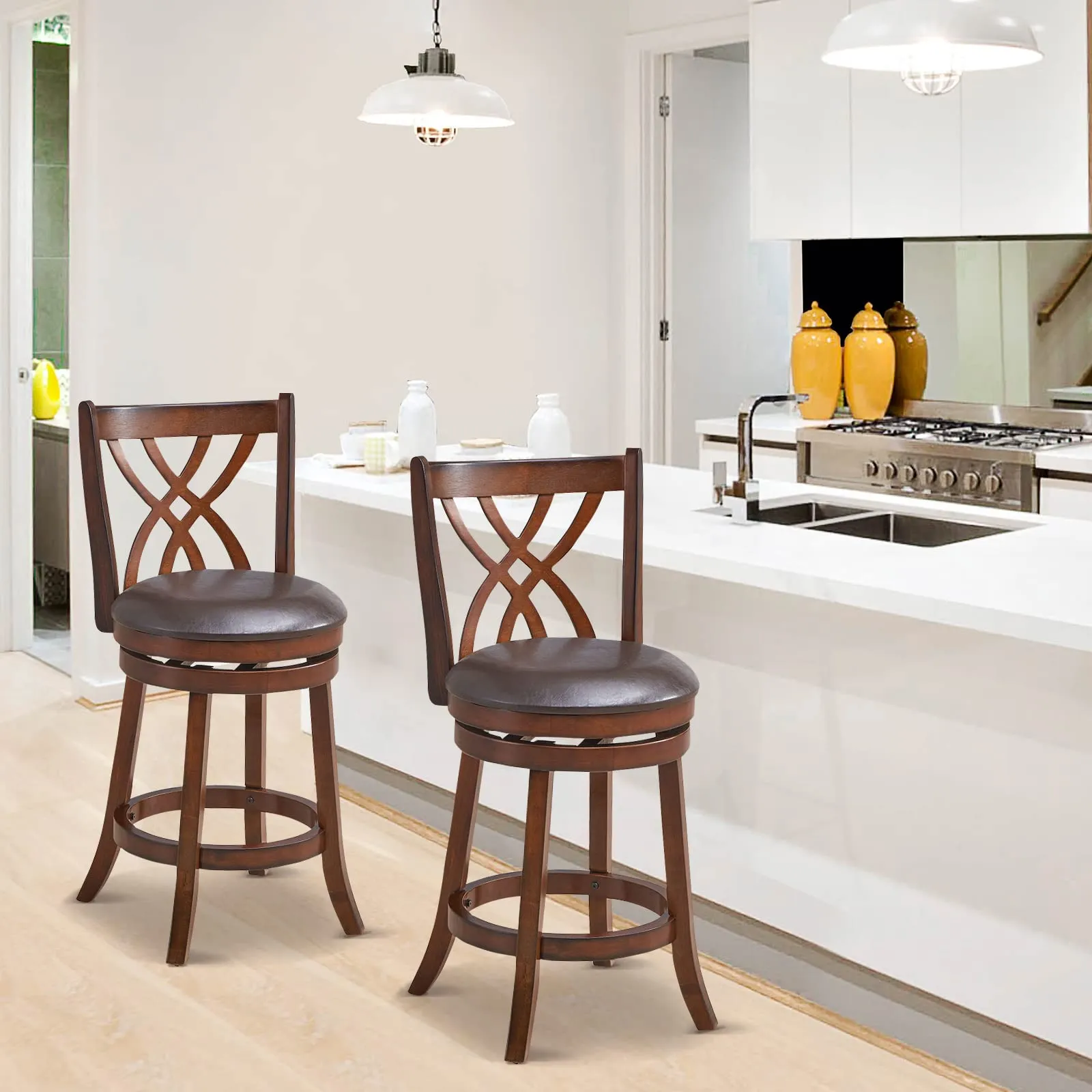 Giantex Brown Bar Stools PU Leather Cushioned Seat and Footrests, for Kitchen Island
