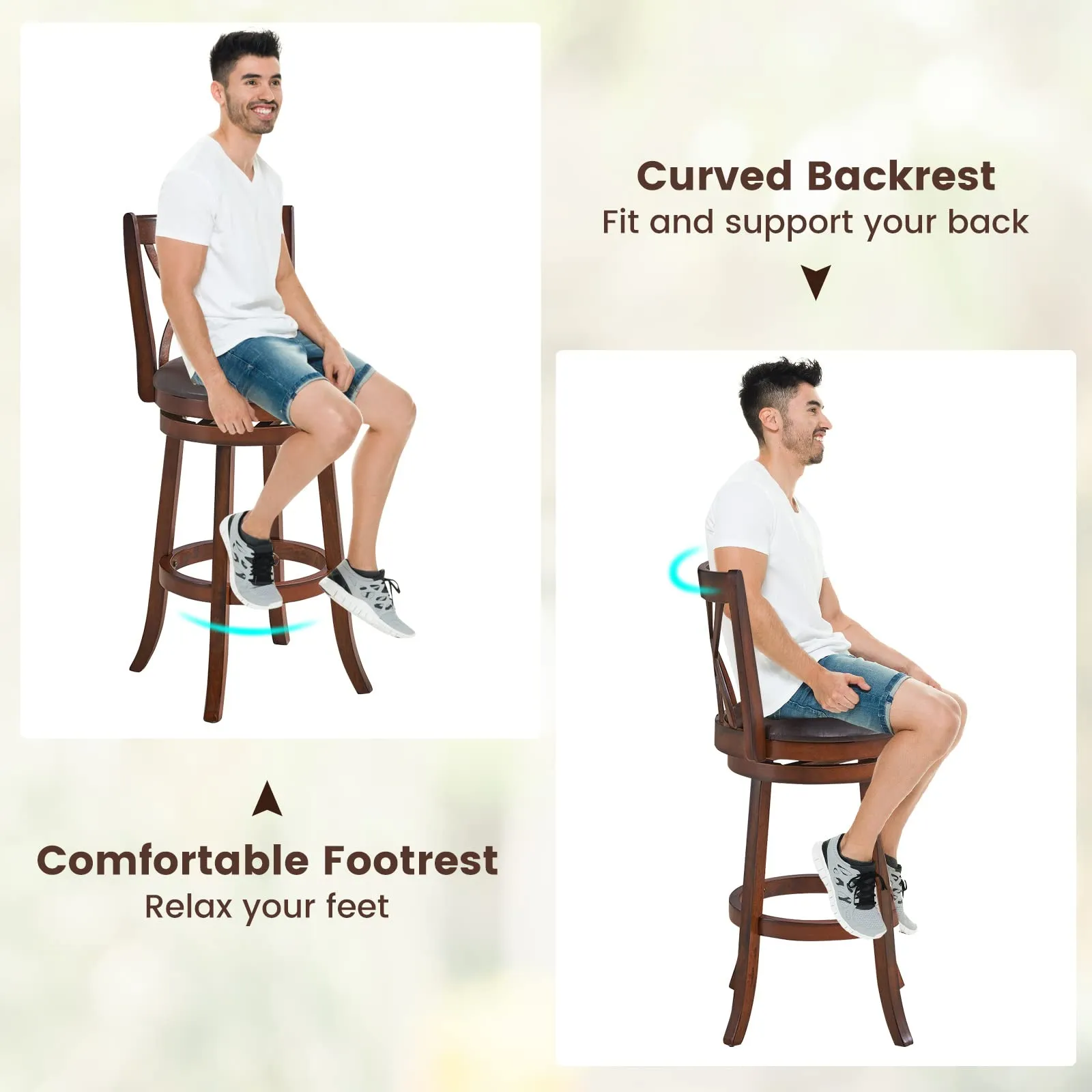 Giantex Brown Bar Stools PU Leather Cushioned Seat and Footrests, for Kitchen Island