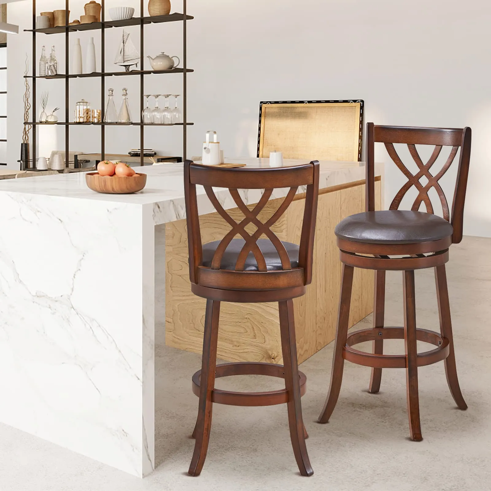 Giantex Brown Bar Stools PU Leather Cushioned Seat and Footrests, for Kitchen Island