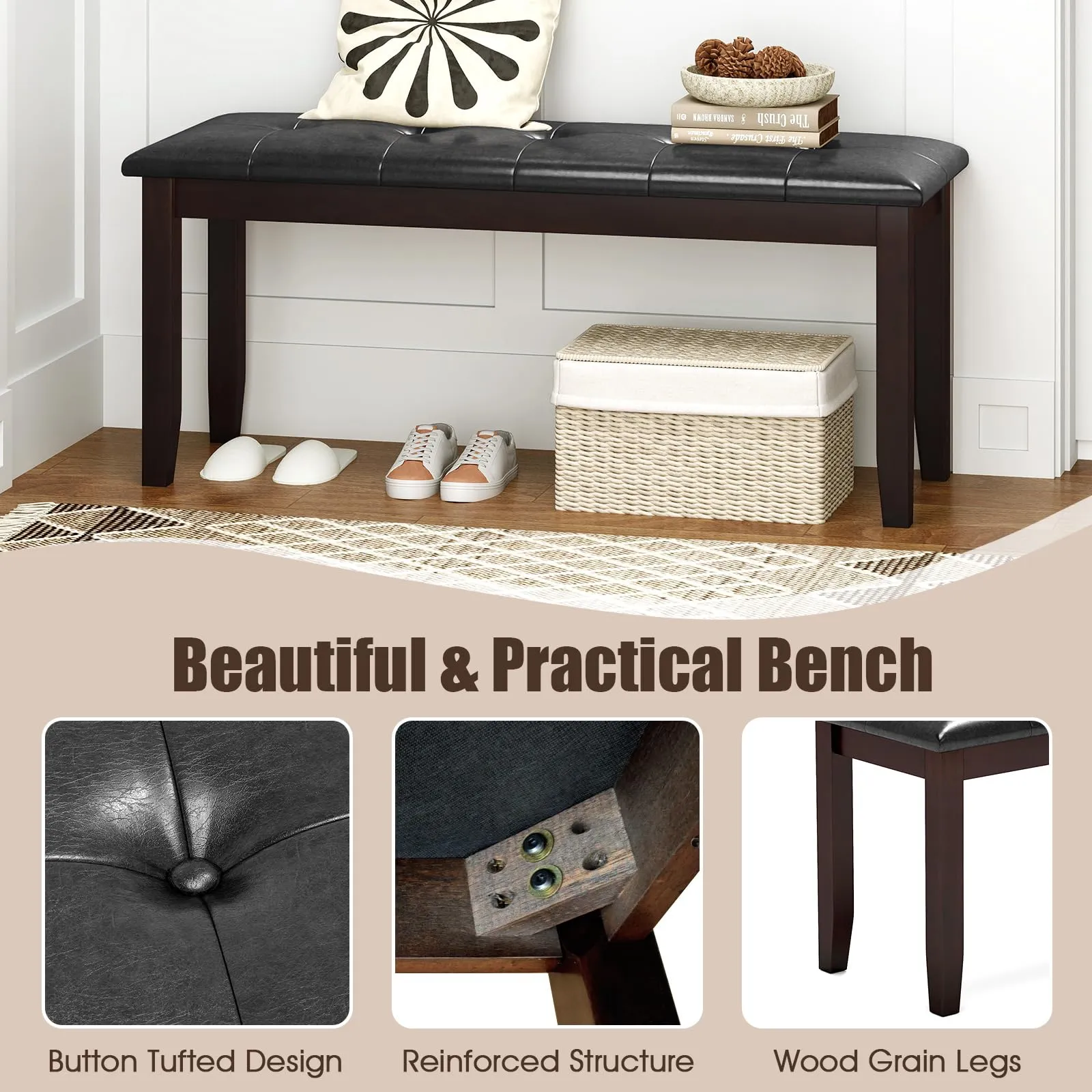 Giantex Button-Tufted Dining Bench, 45.5 PU Leather Upholstered Bench w/Loads 400 Lbs