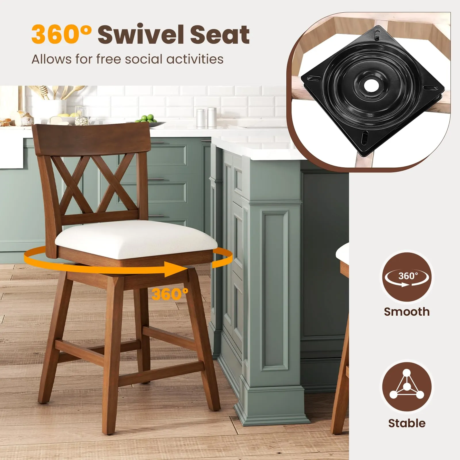 Giantex Counter Height Bar Stool with Crossed Backs and Rubber Wood Legs