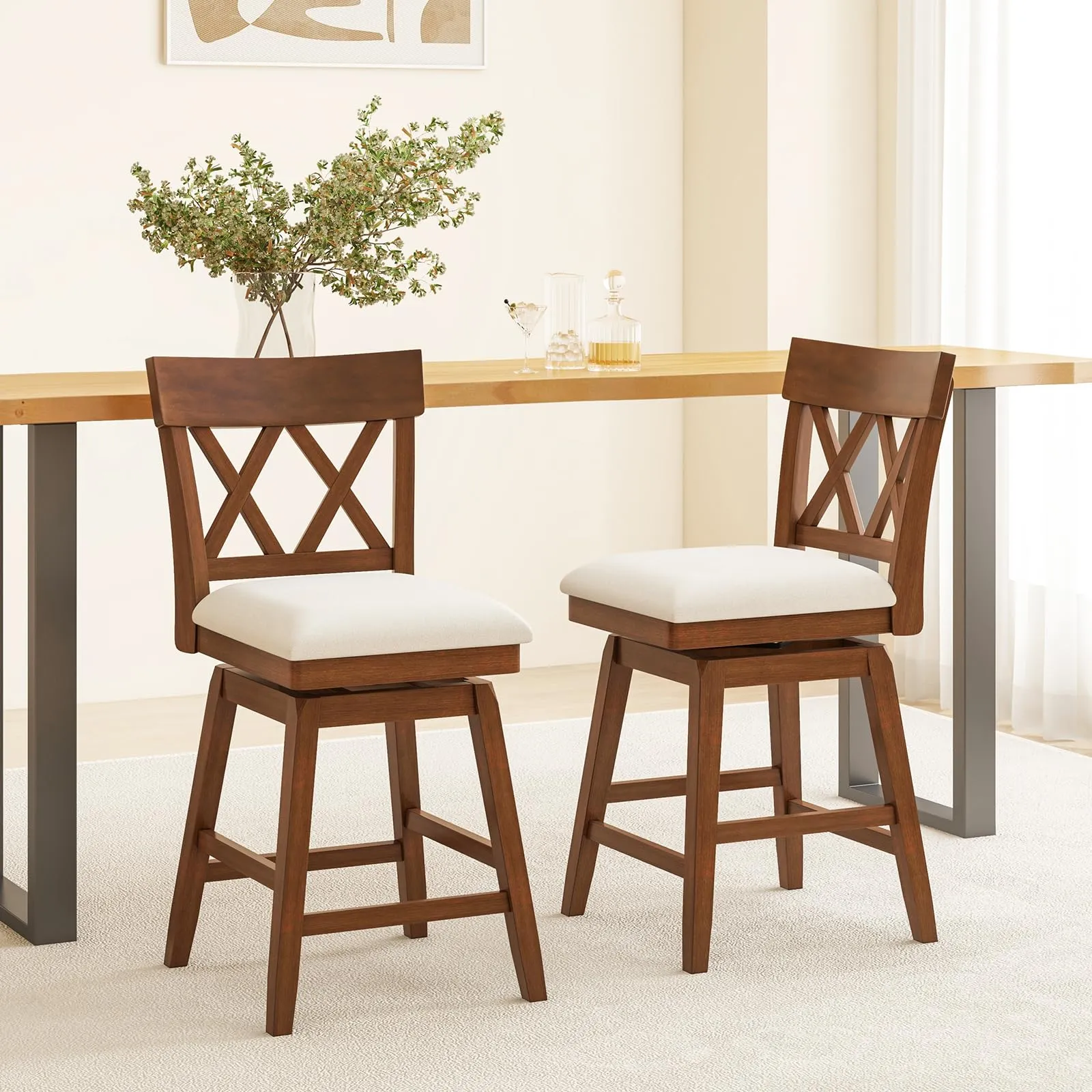 Giantex Counter Height Bar Stool with Crossed Backs and Rubber Wood Legs