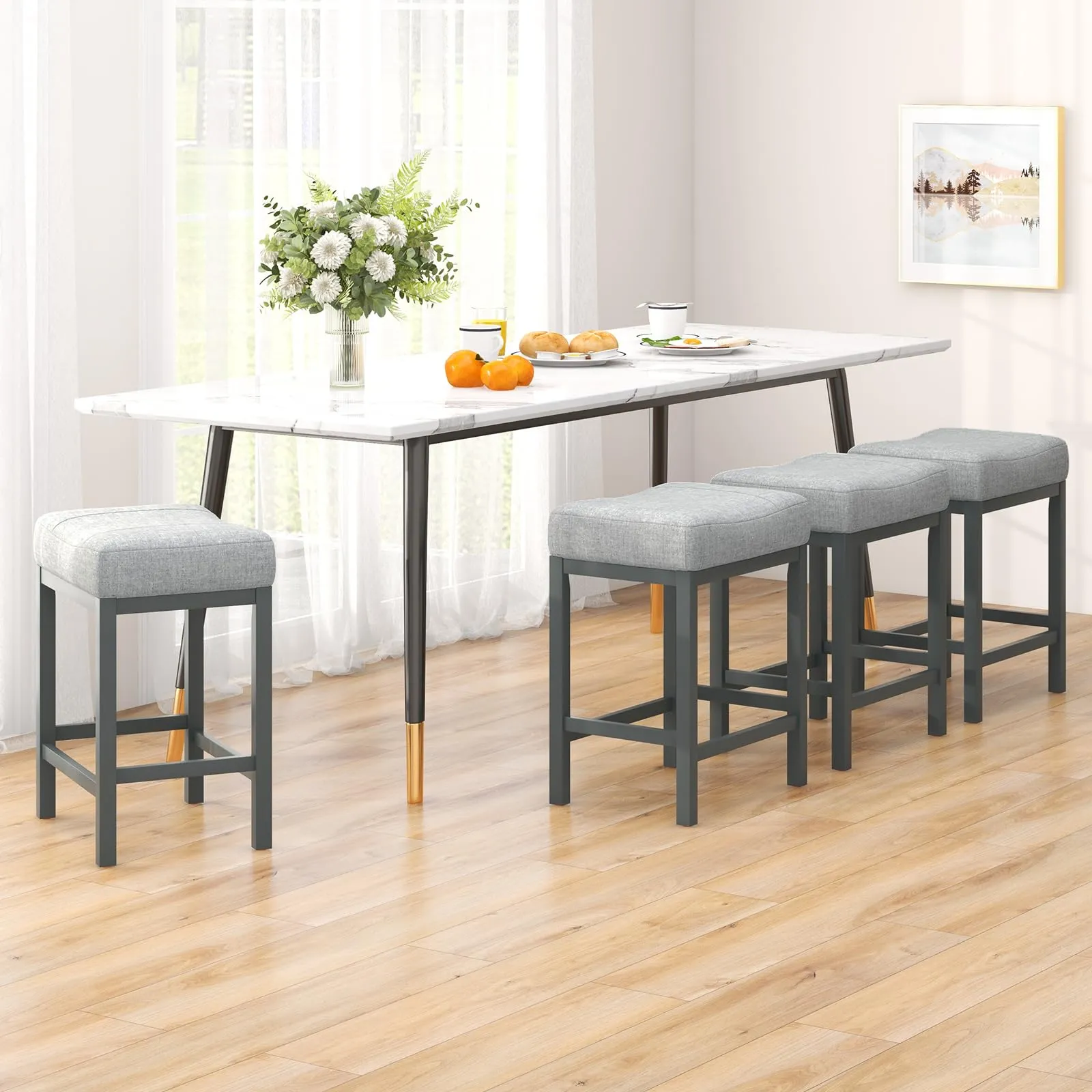 Giantex Counter Height Bar Stools Set of 2/4, 24.5" Backless Linen Fabric Bar Saddle Stools w/Solid Rubber Wood Frame & Footrest