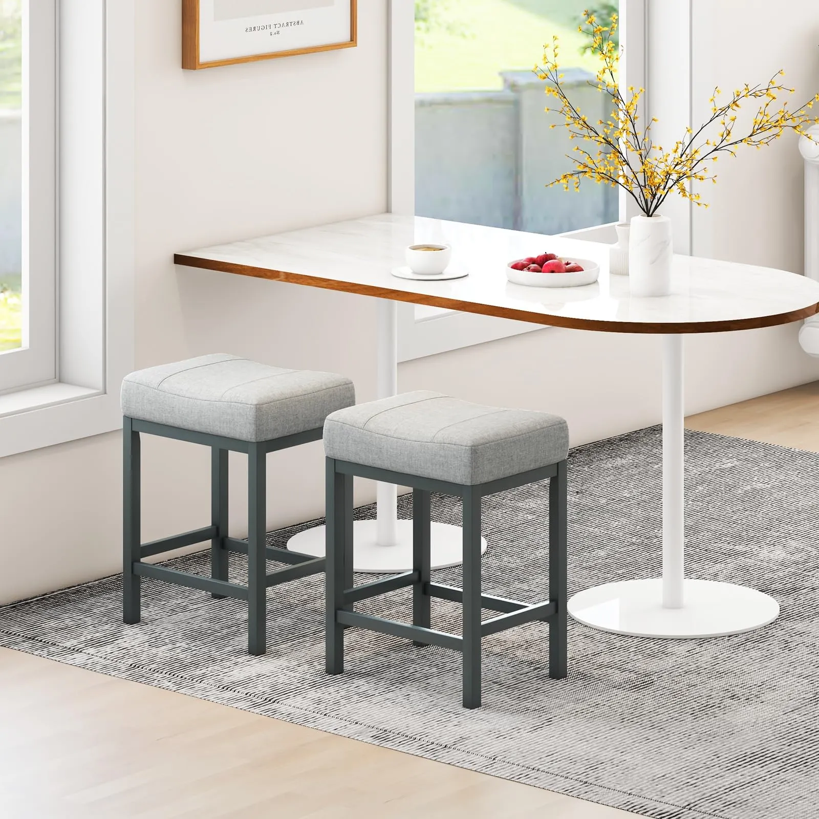 Giantex Counter Height Bar Stools Set of 2/4, 24.5" Backless Linen Fabric Bar Saddle Stools w/Solid Rubber Wood Frame & Footrest
