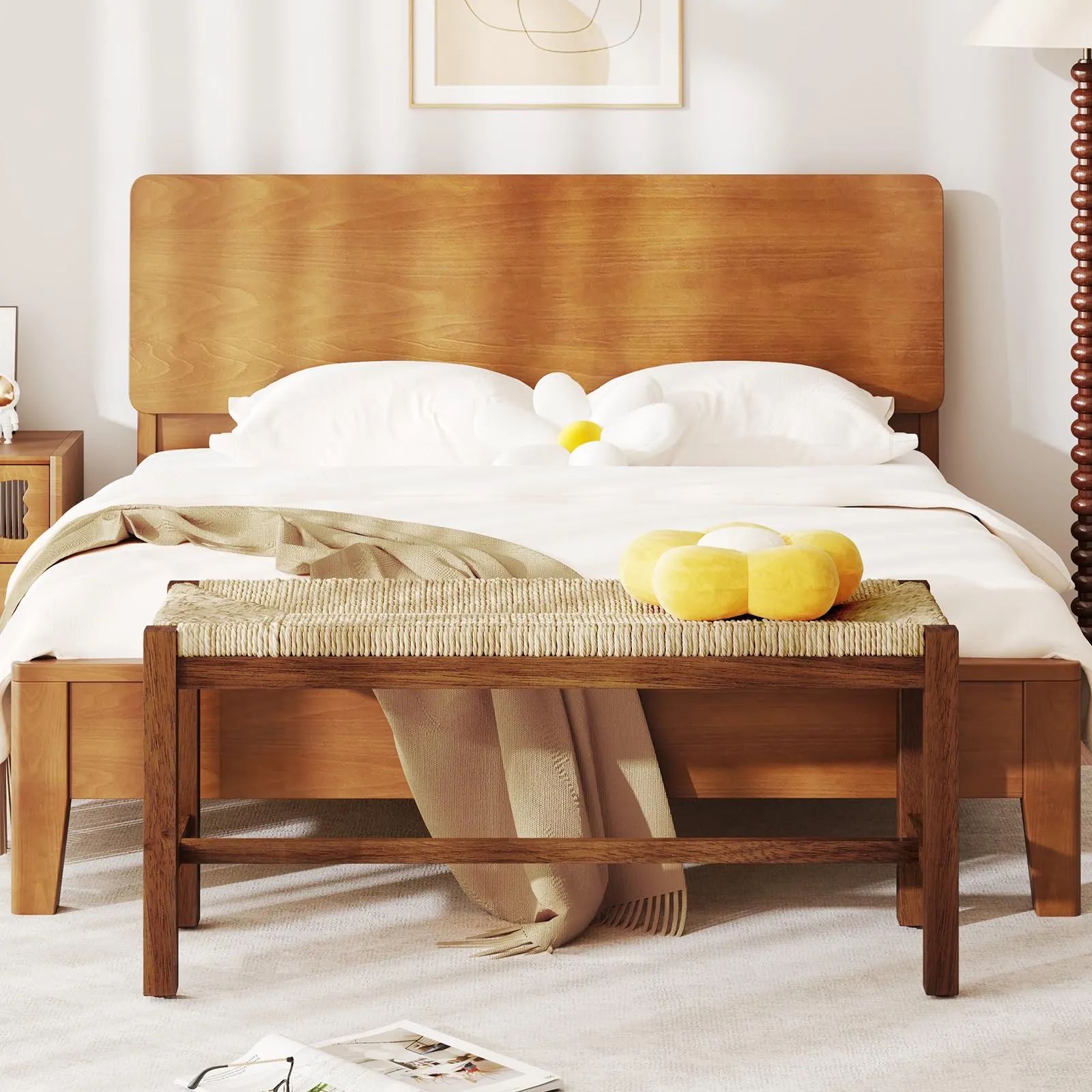 Giantex Dining Bench with Woven Seagrass Woven Seat