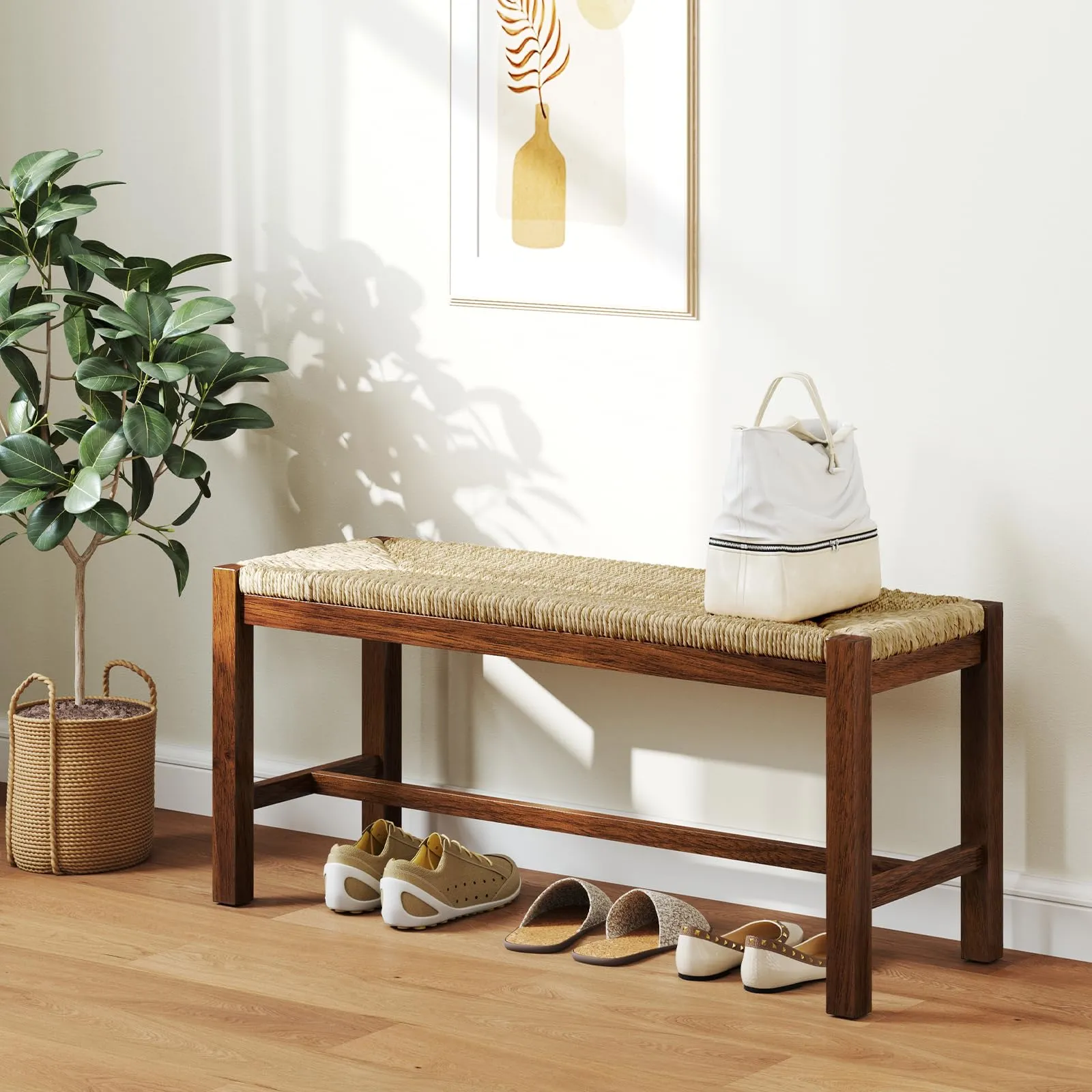 Giantex Dining Bench with Woven Seagrass Woven Seat