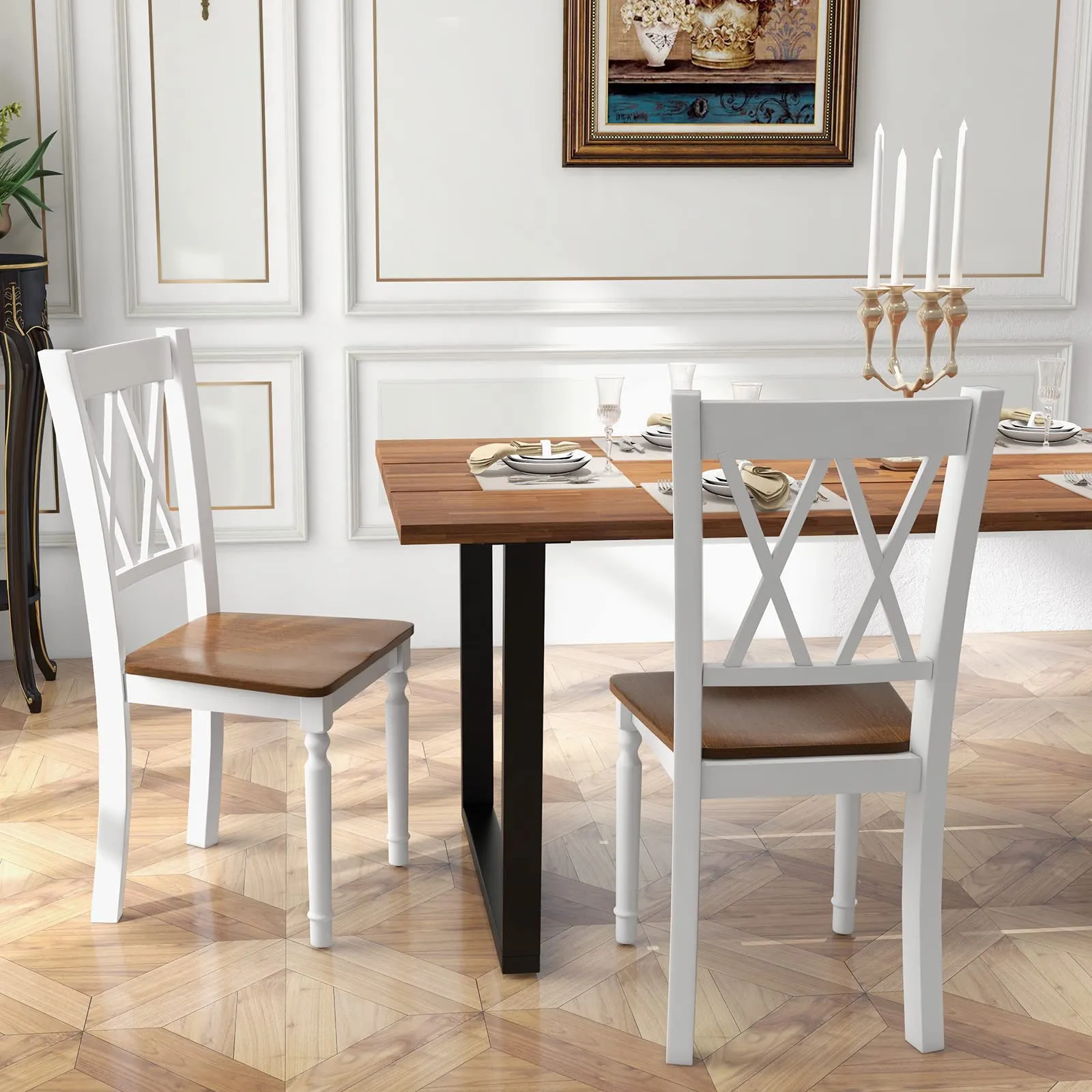 Giantex Dining Room Chairs Set of 2 White, Wooden Farmhouse Kitchen Chairs with Rubber Wood Seat