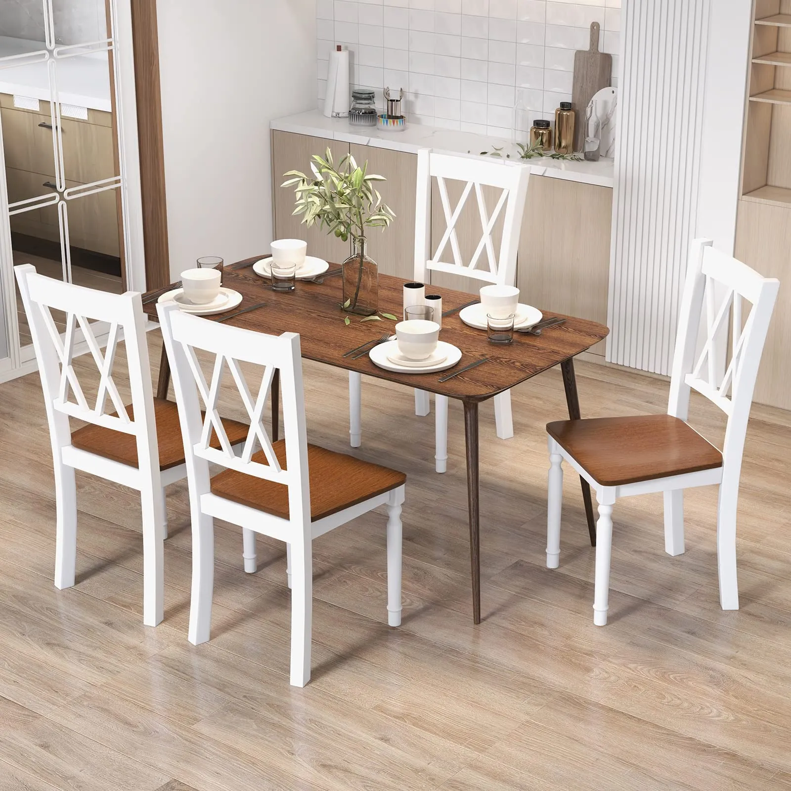Giantex Dining Room Chairs Set of 2 White, Wooden Farmhouse Kitchen Chairs with Rubber Wood Seat