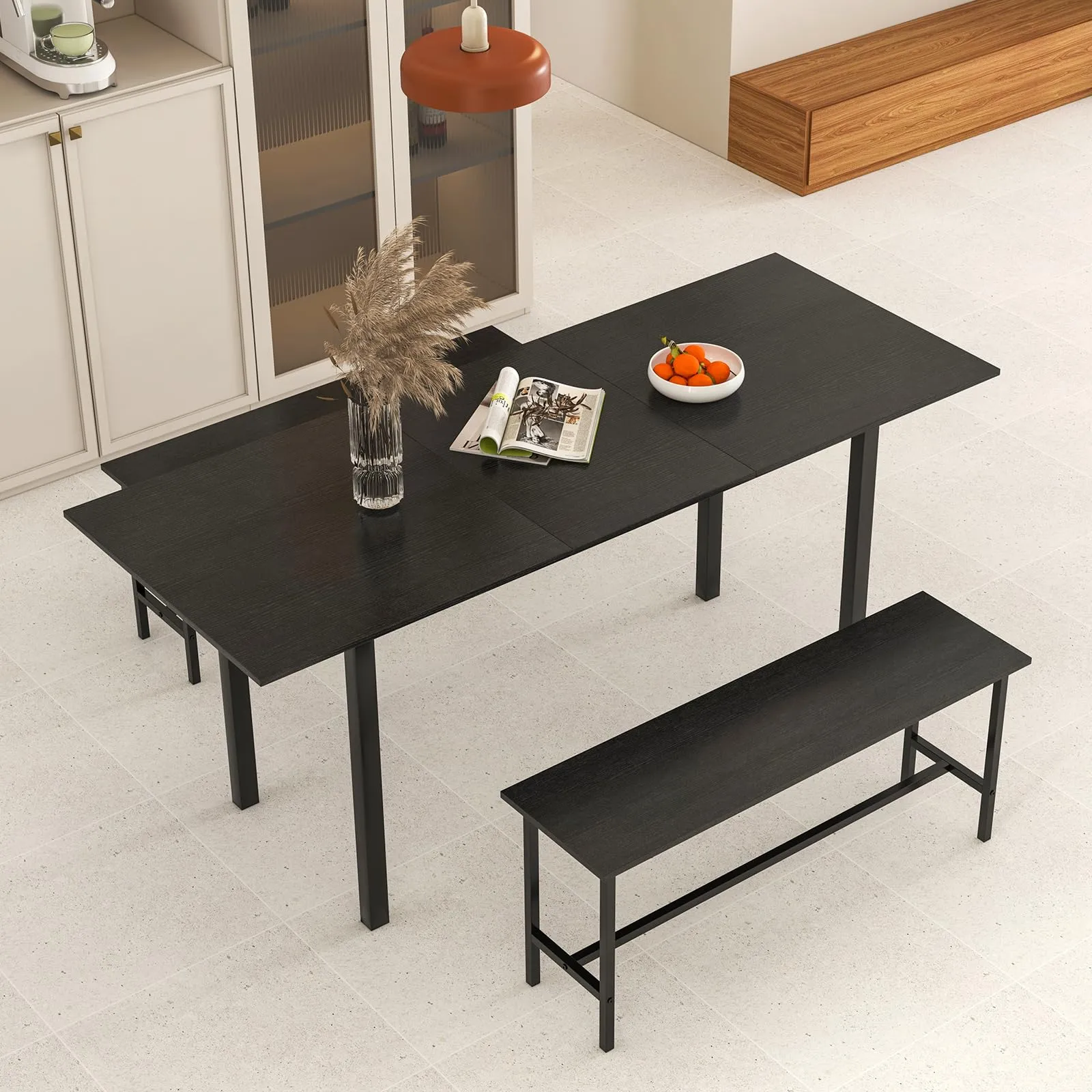 Giantex Dining Room Table Set for 4-6, 3 Piece Dining Table Set, 63 Extendable Dining Table with 2 Benches