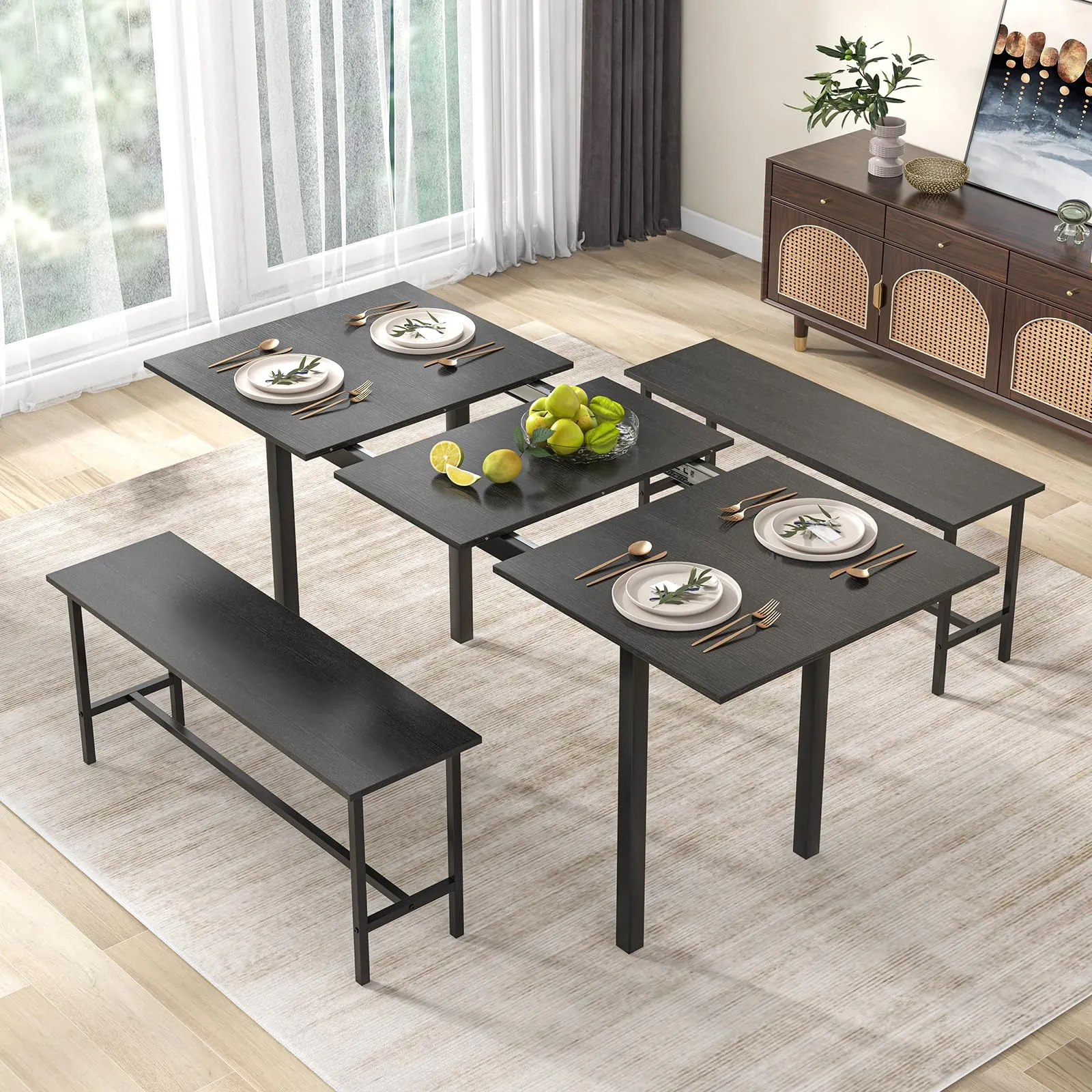 Giantex Dining Room Table Set for 4-6, 3 Piece Dining Table Set, 63 Extendable Dining Table with 2 Benches