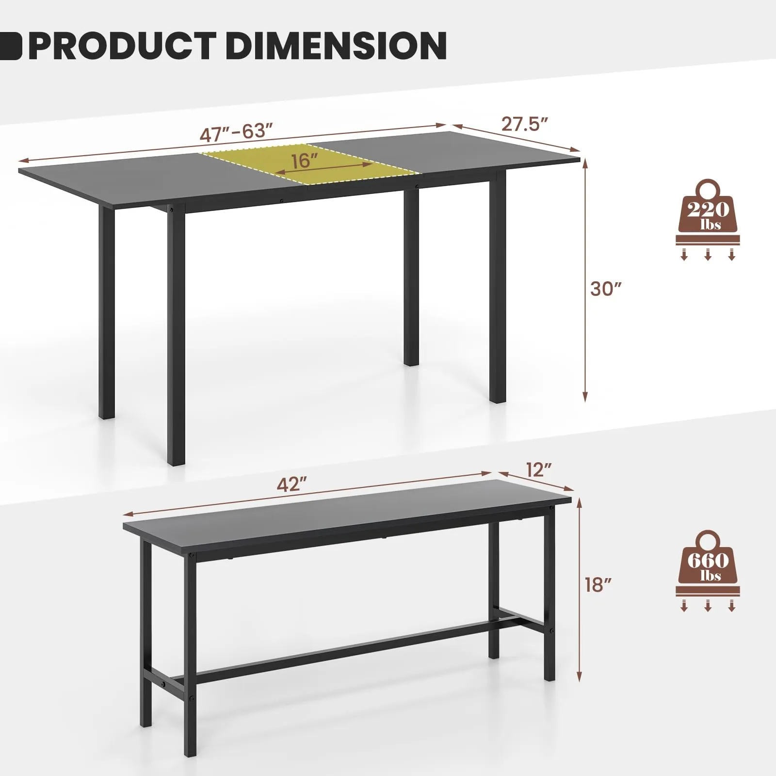 Giantex Dining Room Table Set for 4-6, 3 Piece Dining Table Set, 63 Extendable Dining Table with 2 Benches