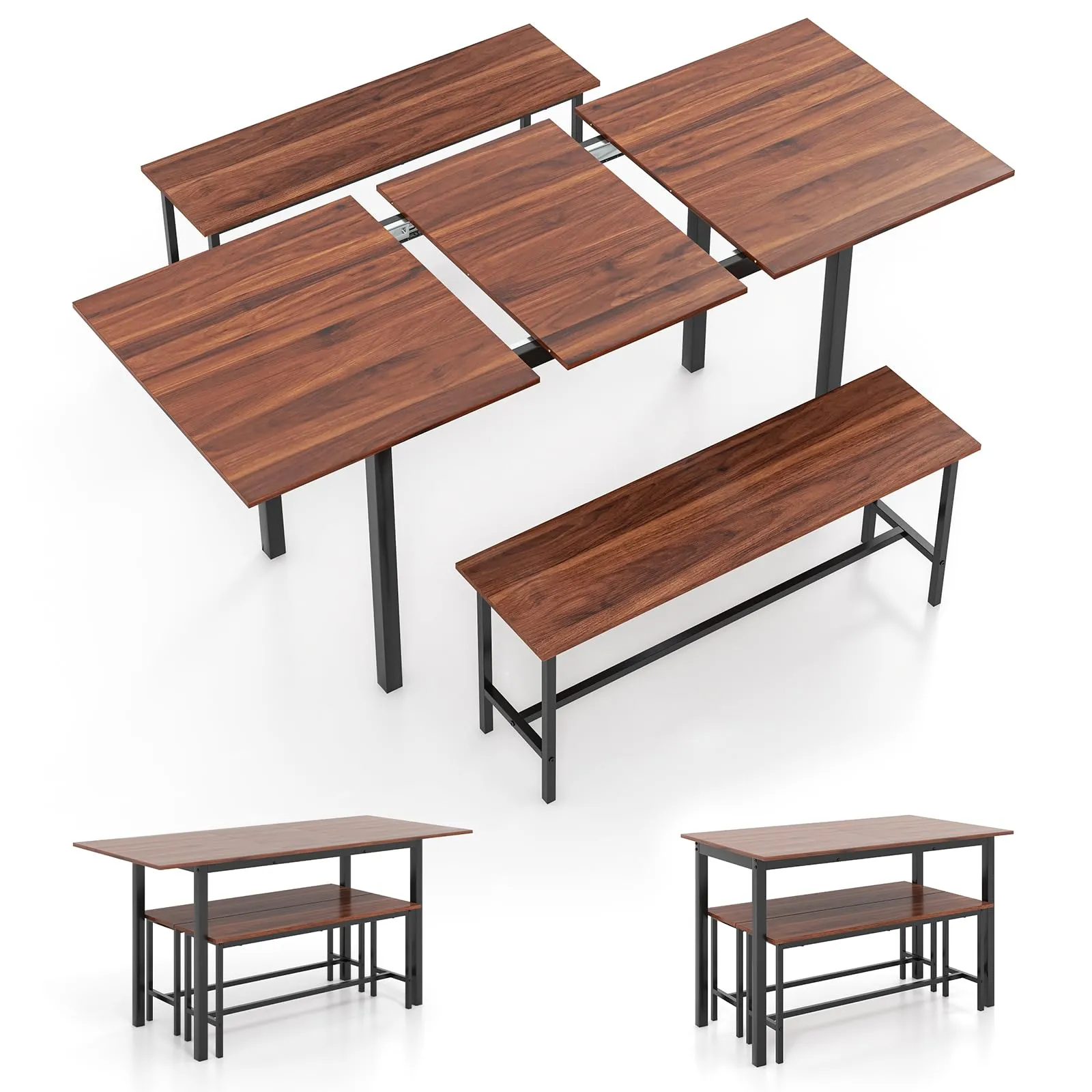 Giantex Dining Room Table Set for 4-6, 3 Piece Dining Table Set, 63 Extendable Dining Table with 2 Benches