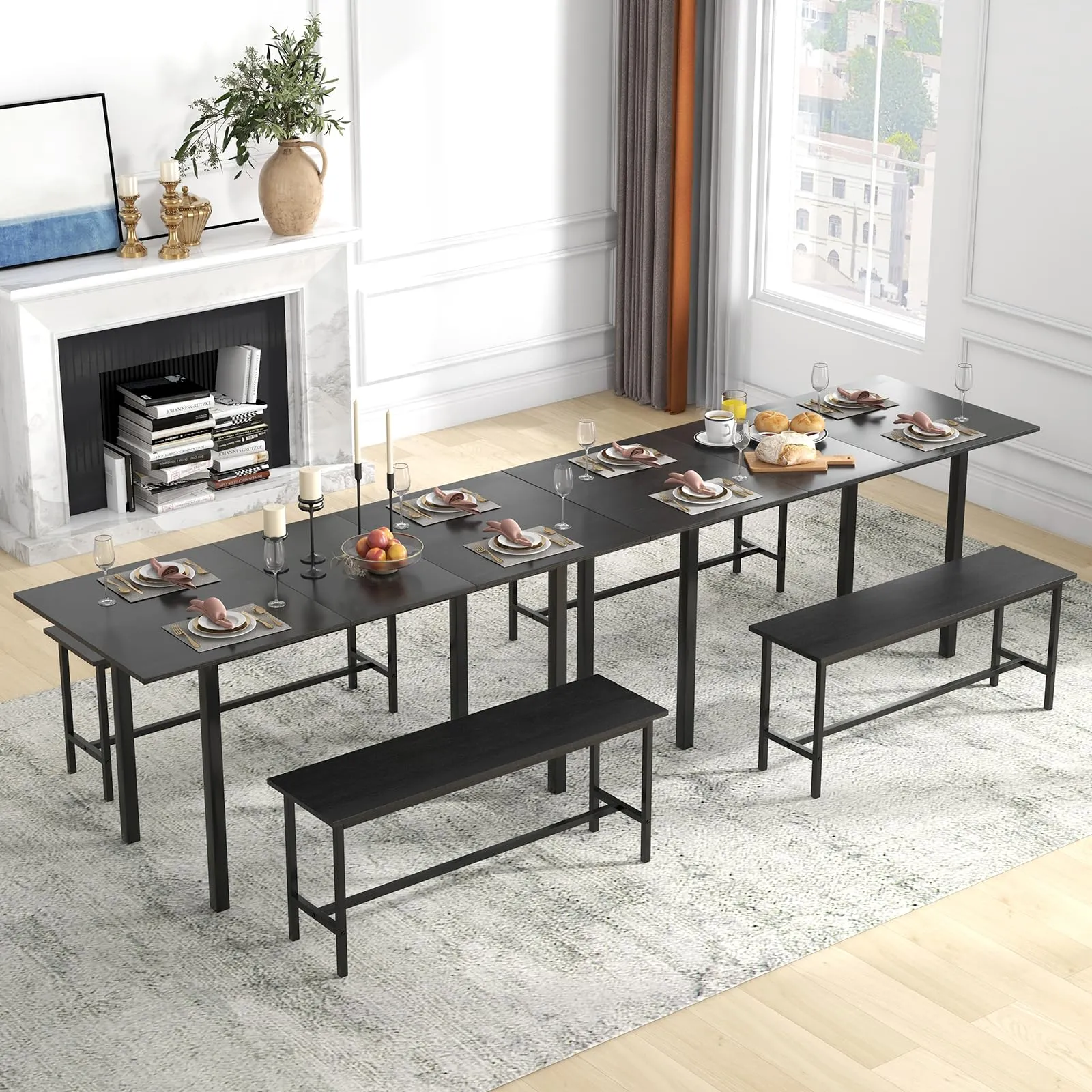 Giantex Dining Room Table Set for 4-6, 3 Piece Dining Table Set, 63 Extendable Dining Table with 2 Benches