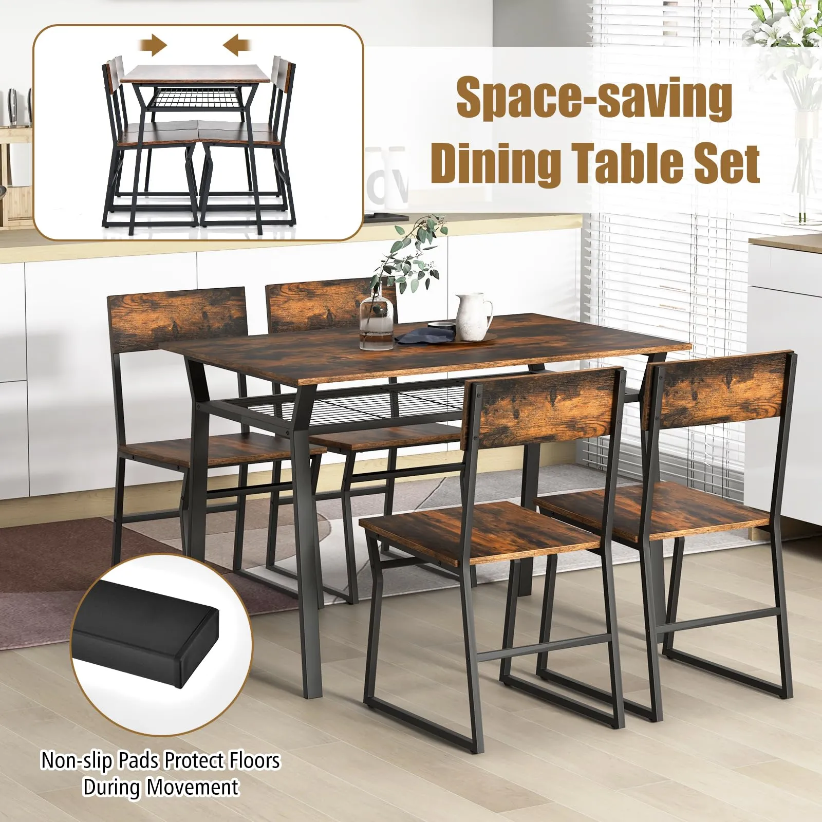 Giantex Dining Table Set for 4, 47L x 28W Rectangular Kitchen Table w/ 4 Trapezoid Chairs