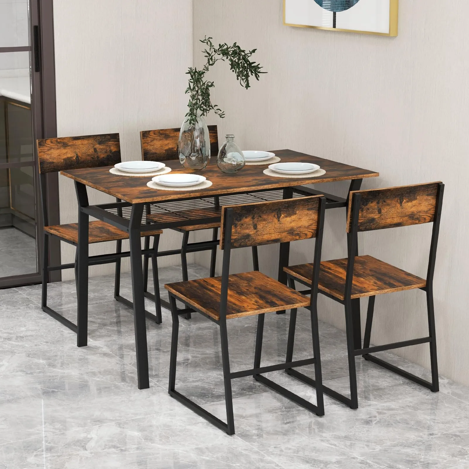 Giantex Dining Table Set for 4, 47L x 28W Rectangular Kitchen Table w/ 4 Trapezoid Chairs