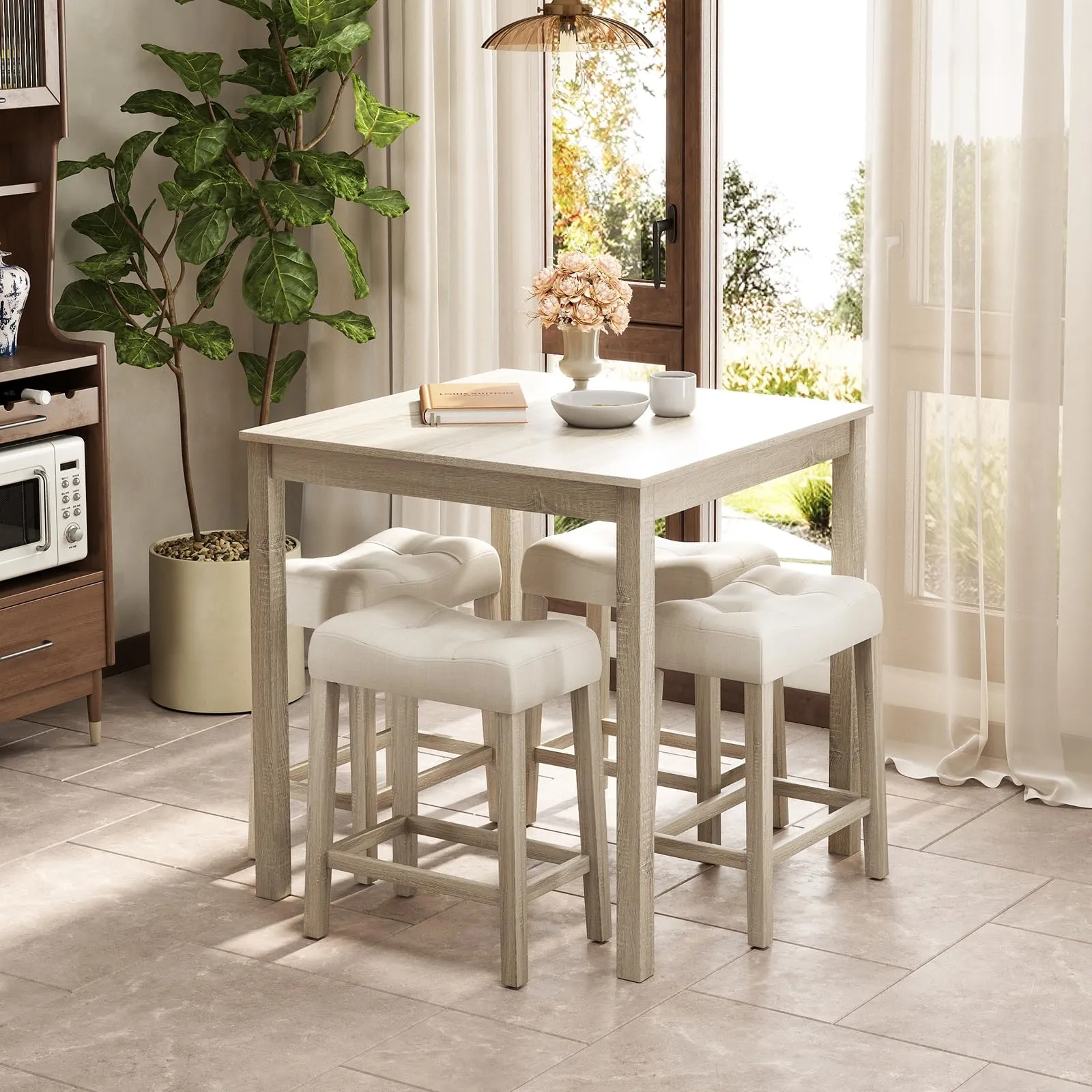 Giantex Dining Table Set for 4, 5-Piece Bar Table Set with 35x35 Square Table, 18x11 Padded Stools
