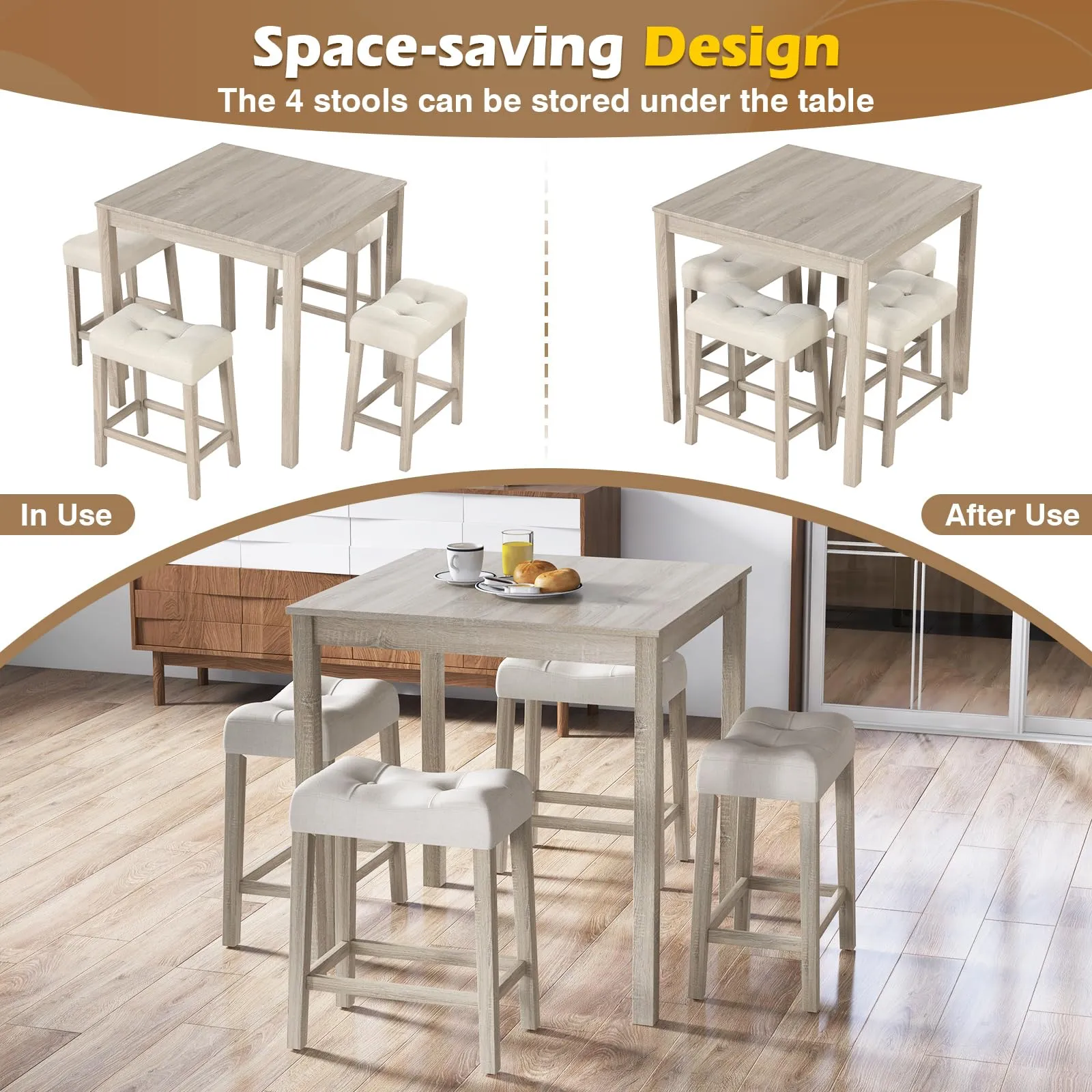 Giantex Dining Table Set for 4, 5-Piece Bar Table Set with 35x35 Square Table, 18x11 Padded Stools