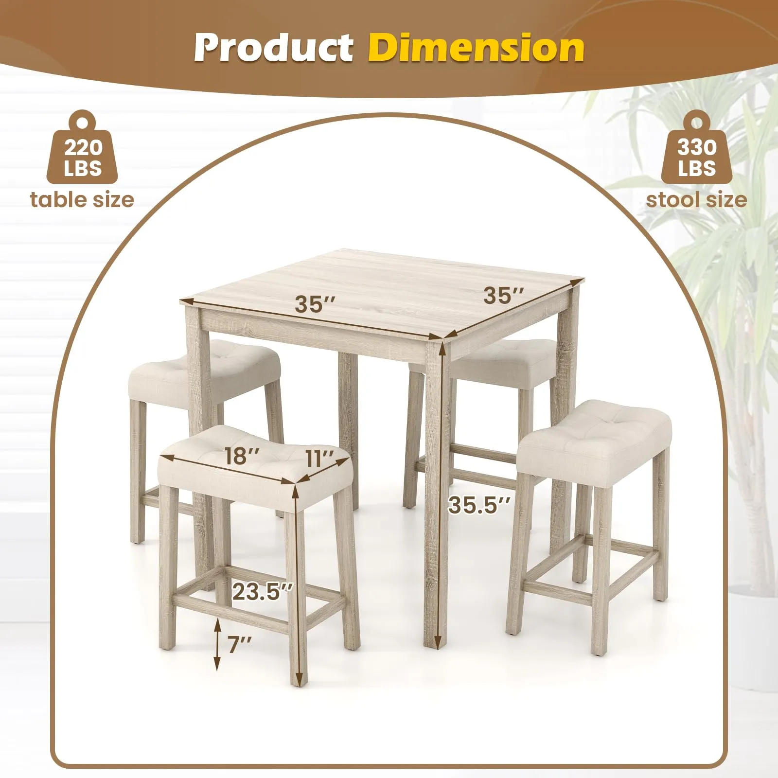 Giantex Dining Table Set for 4, 5-Piece Bar Table Set with 35x35 Square Table, 18x11 Padded Stools