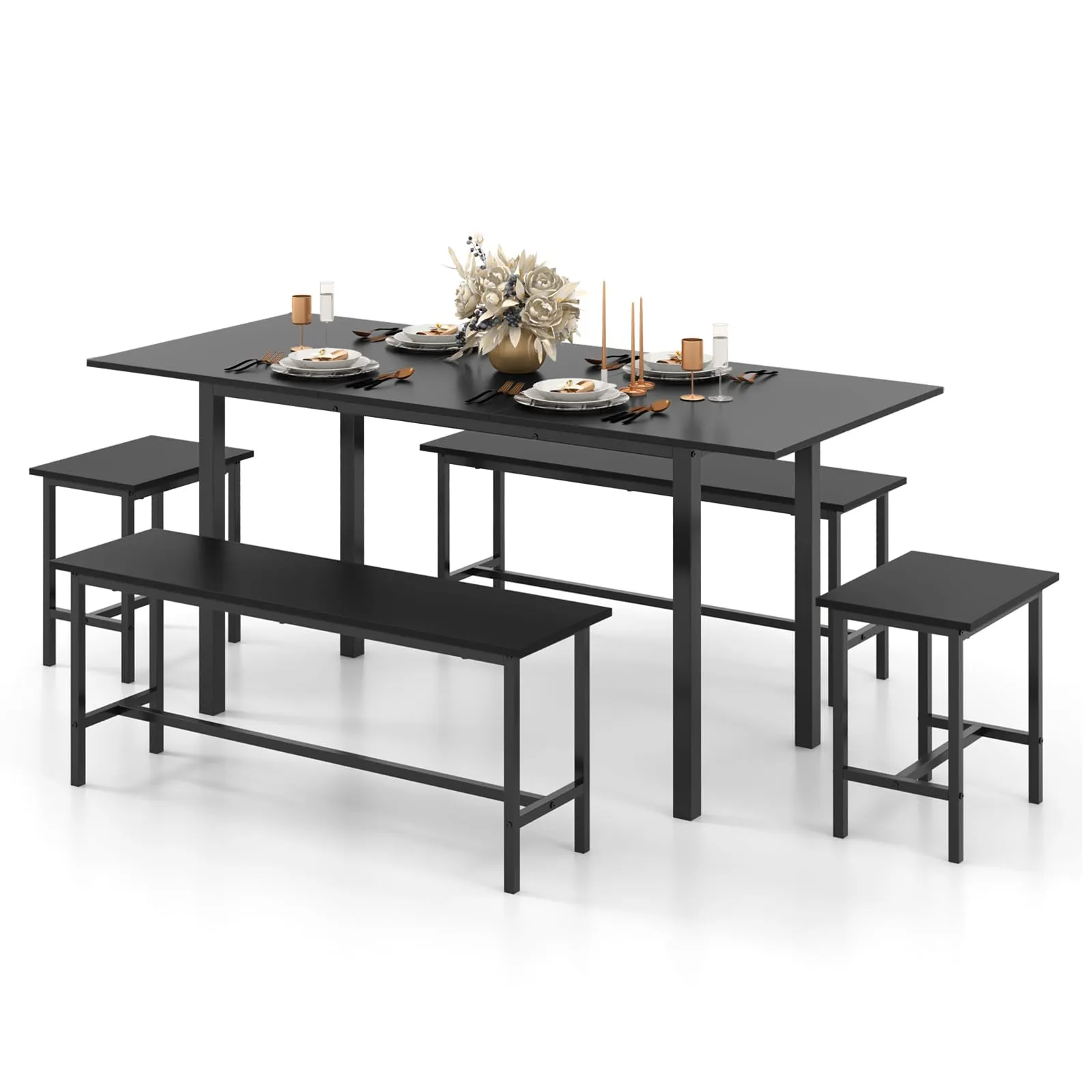 Giantex Dining Table Set for 4-6, 5-Piece Kitchen Table Chairs Set, 63 Extendable Table with 2 Benches tablecloth, dining table