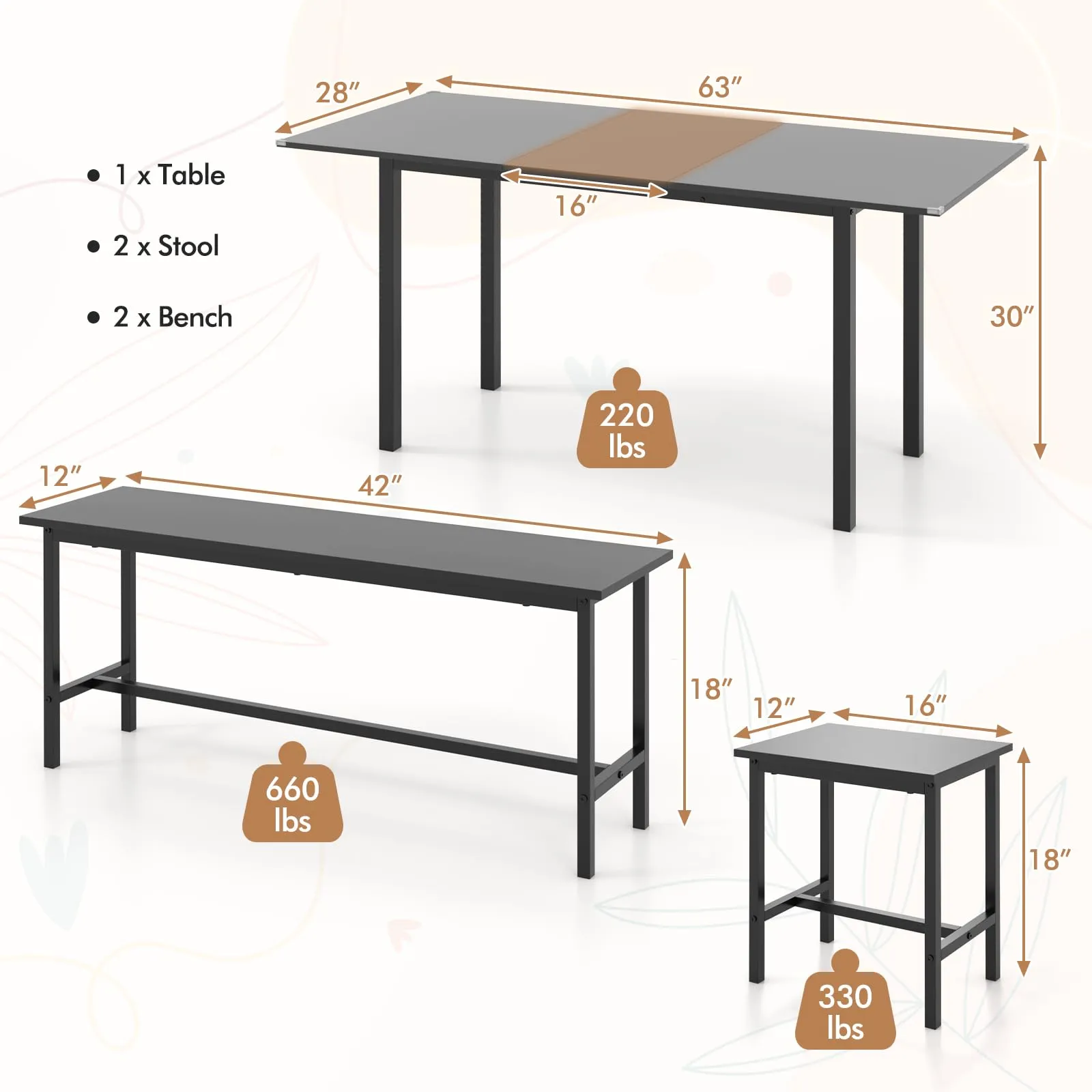 Giantex Dining Table Set for 4-6, 5-Piece Kitchen Table Chairs Set, 63 Extendable Table with 2 Benches