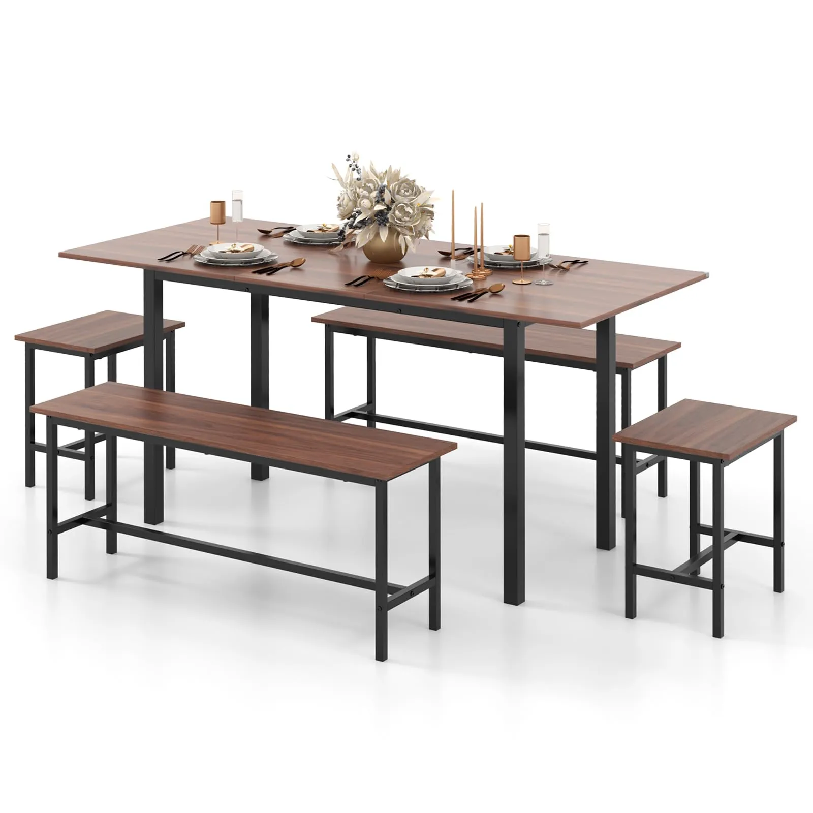 Giantex Dining Table Set for 4-6, 5-Piece Kitchen Table Chairs Set, 63 Extendable Table with 2 Benches