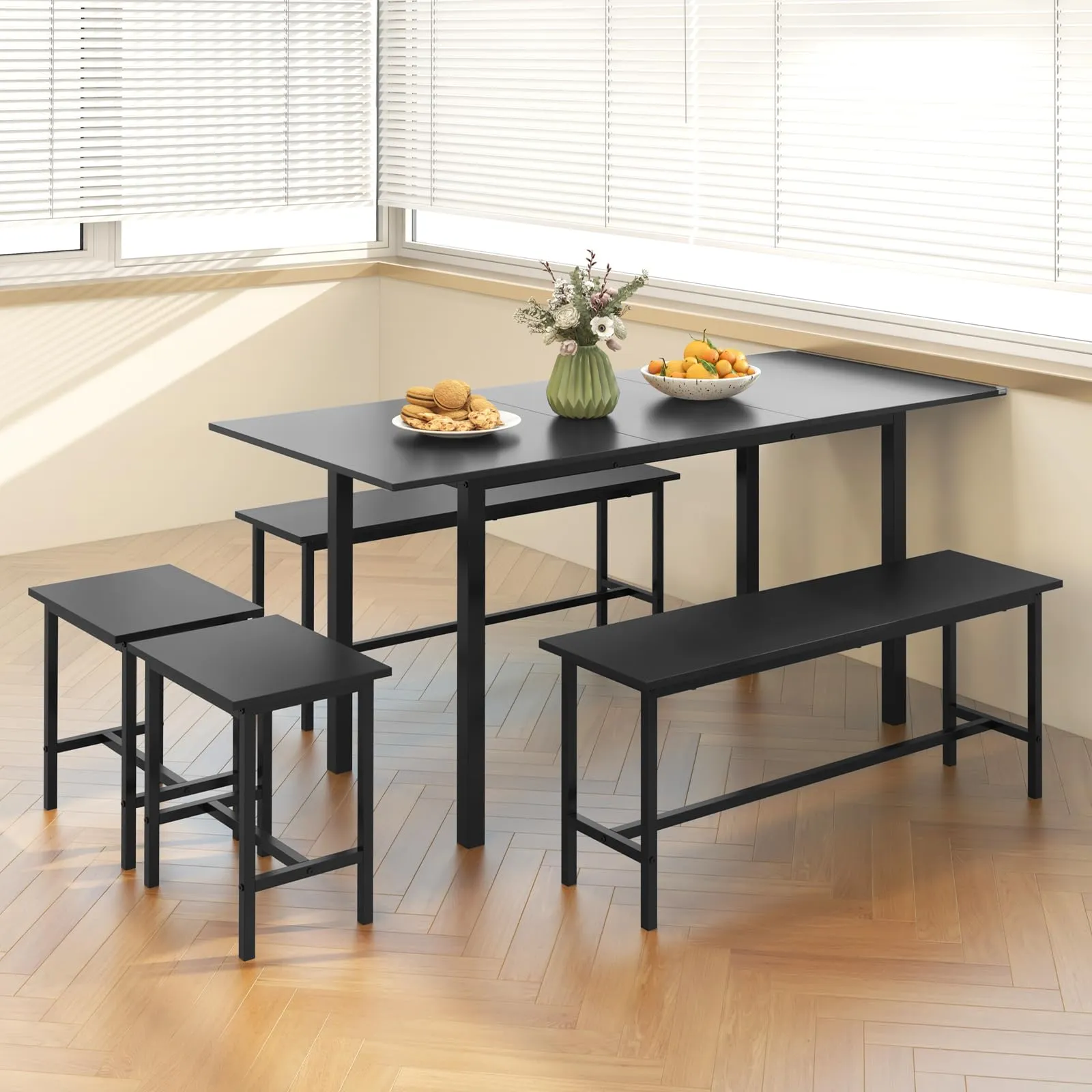 Giantex Dining Table Set for 4-6, 5-Piece Kitchen Table Chairs Set, 63 Extendable Table with 2 Benches