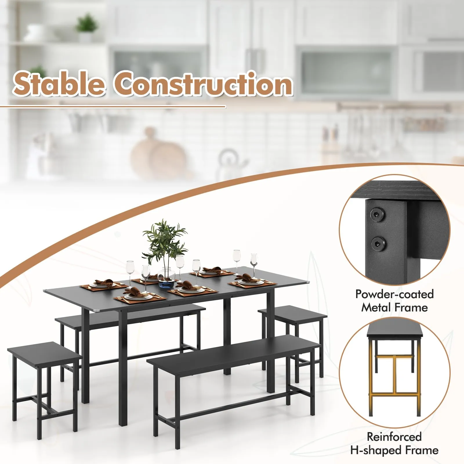 Giantex Dining Table Set for 4-6, 5-Piece Kitchen Table Chairs Set, 63 Extendable Table with 2 Benches