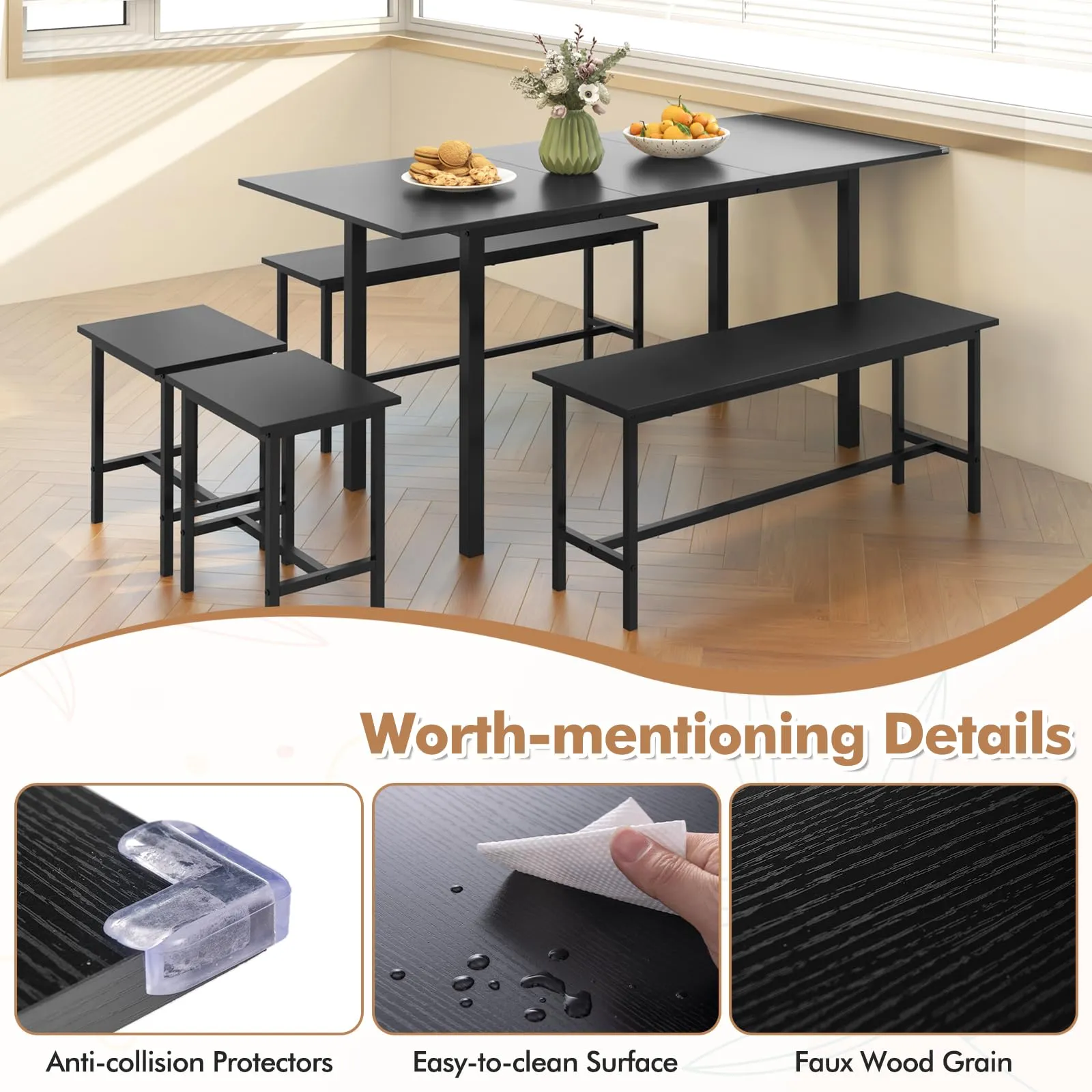 Giantex Dining Table Set for 4-6, 5-Piece Kitchen Table Chairs Set, 63 Extendable Table with 2 Benches