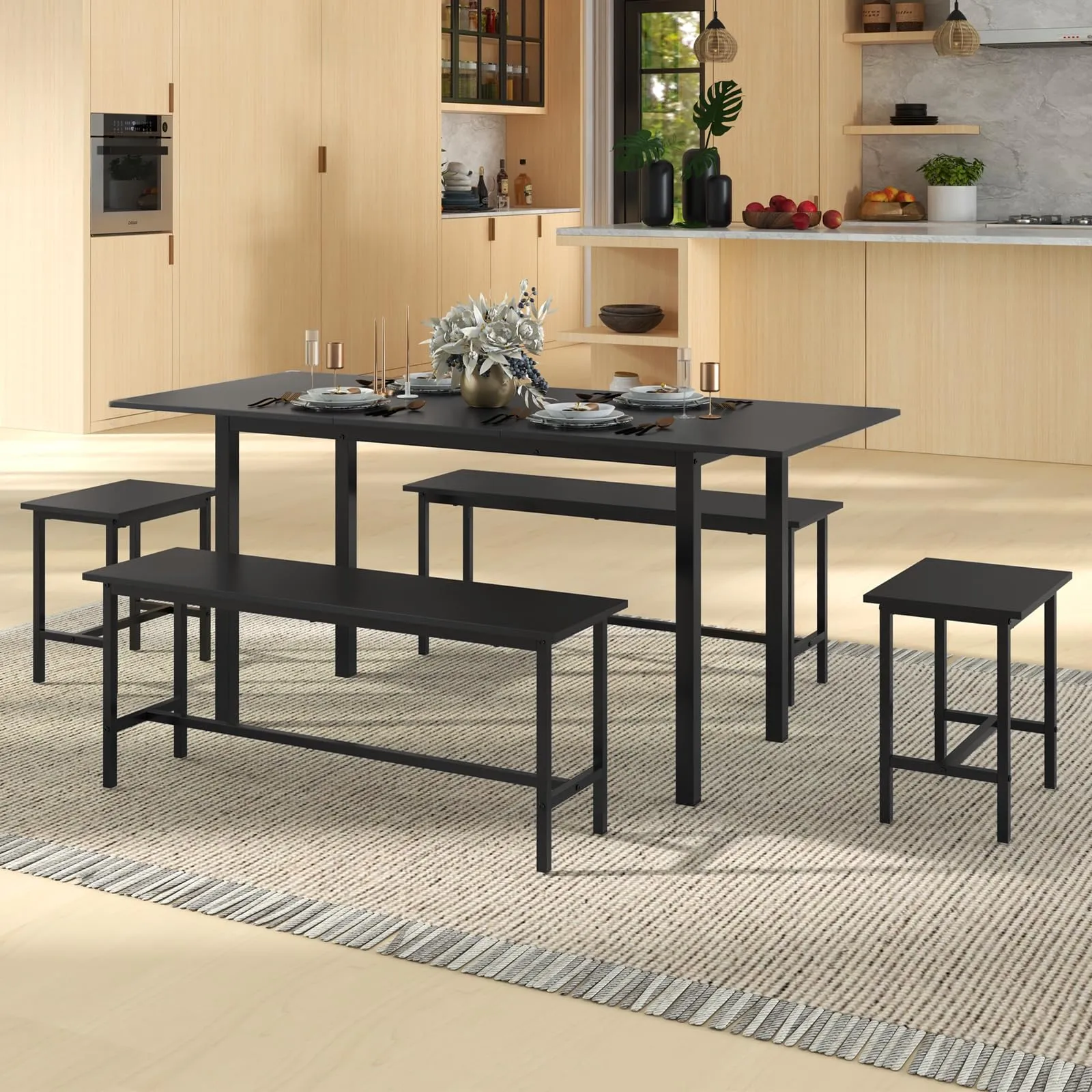Giantex Dining Table Set for 4-6, 5-Piece Kitchen Table Chairs Set, 63 Extendable Table with 2 Benches