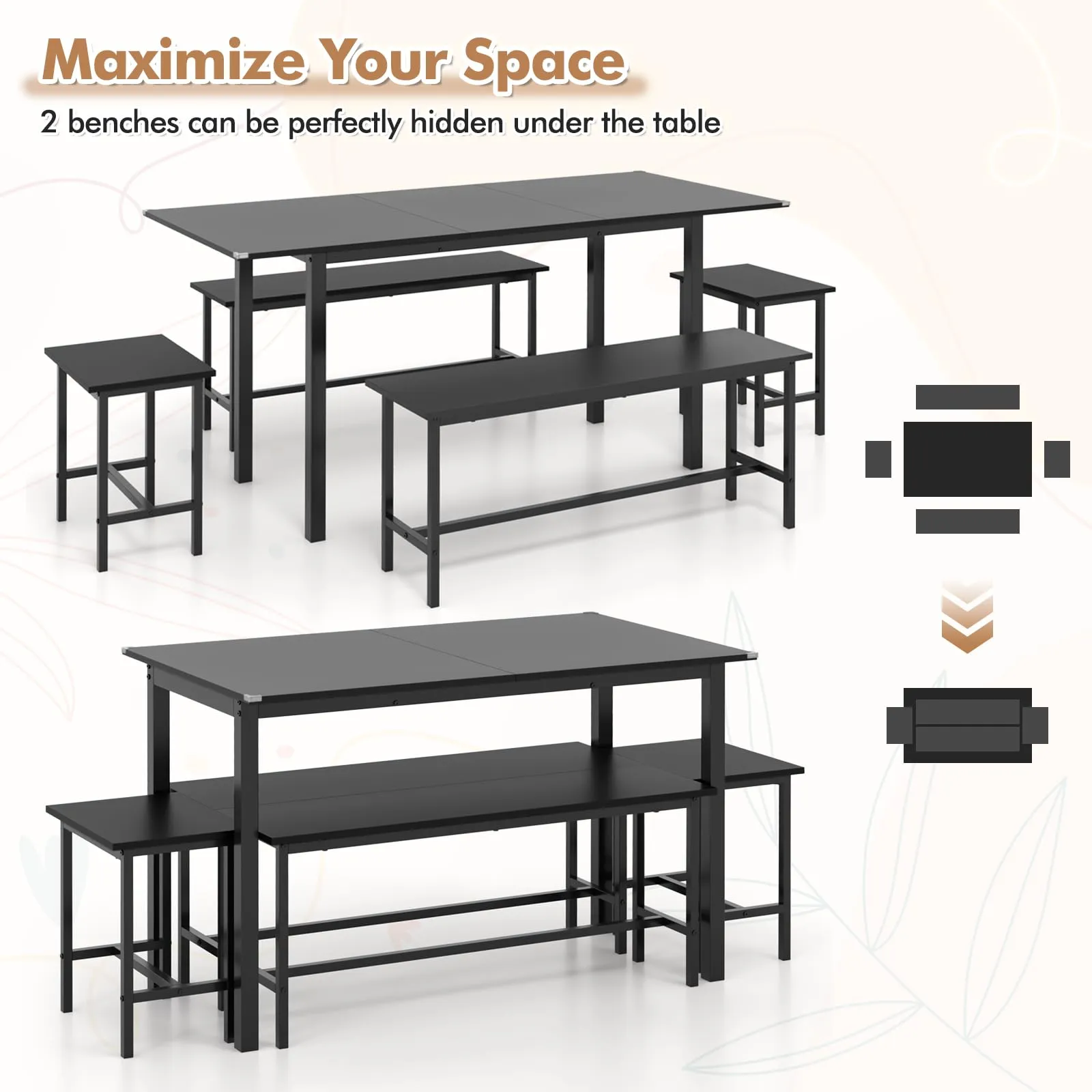 Giantex Dining Table Set for 4-6, 5-Piece Kitchen Table Chairs Set, 63 Extendable Table with 2 Benches