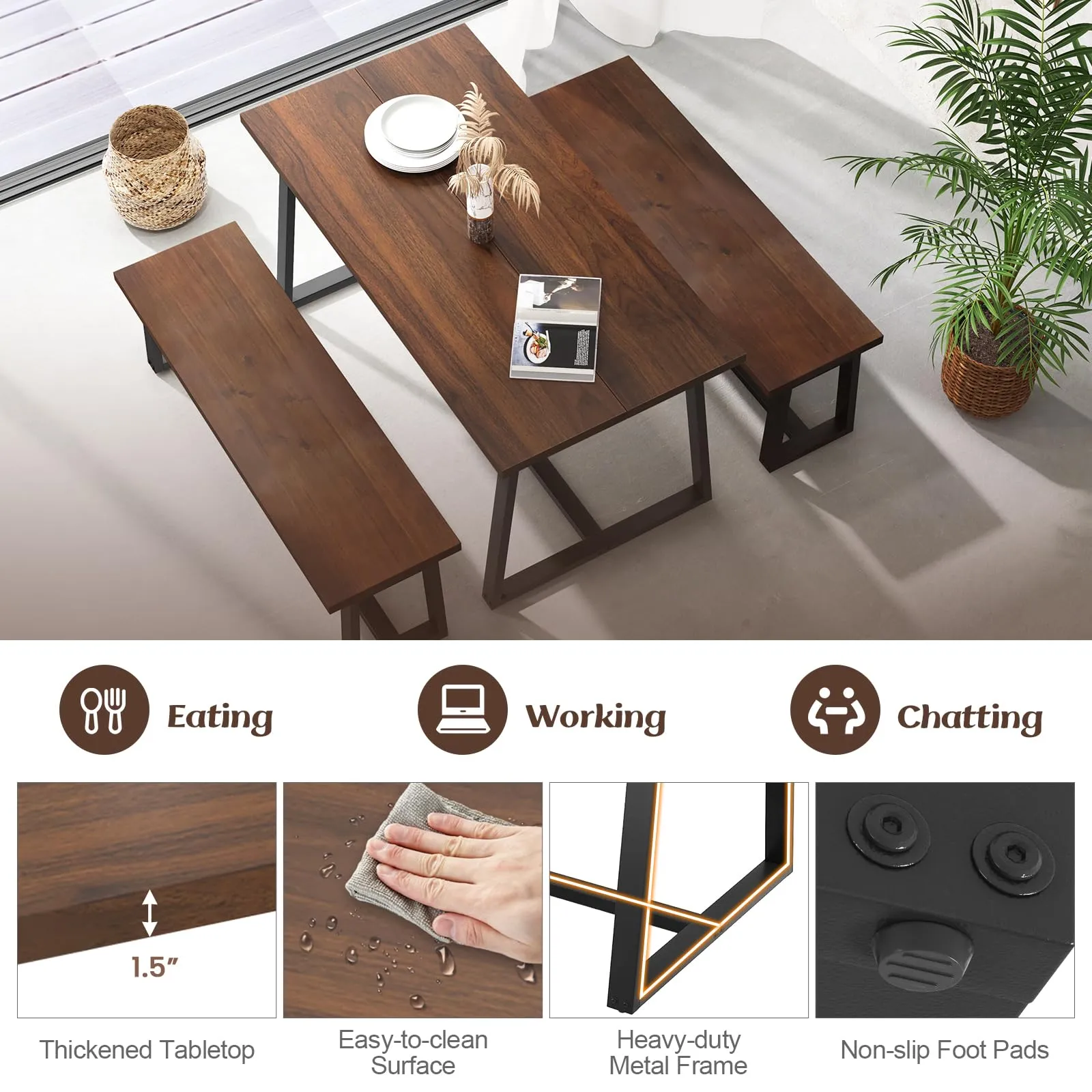 Giantex Dining Table Set for 4, 63 Table and 56.5 Benches Set for 4-6 People with Metal Frame