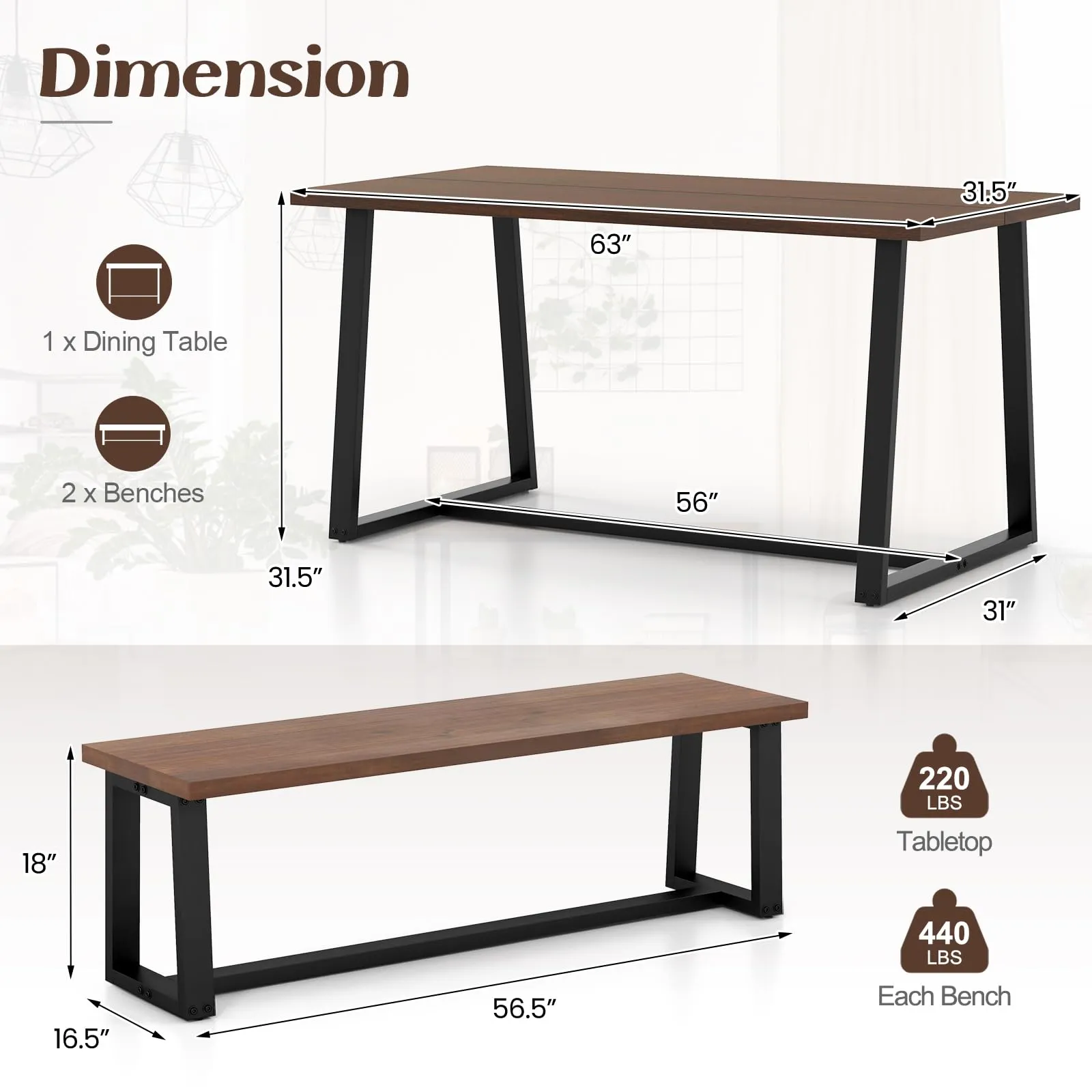 Giantex Dining Table Set for 4, 63 Table and 56.5 Benches Set for 4-6 People with Metal Frame
