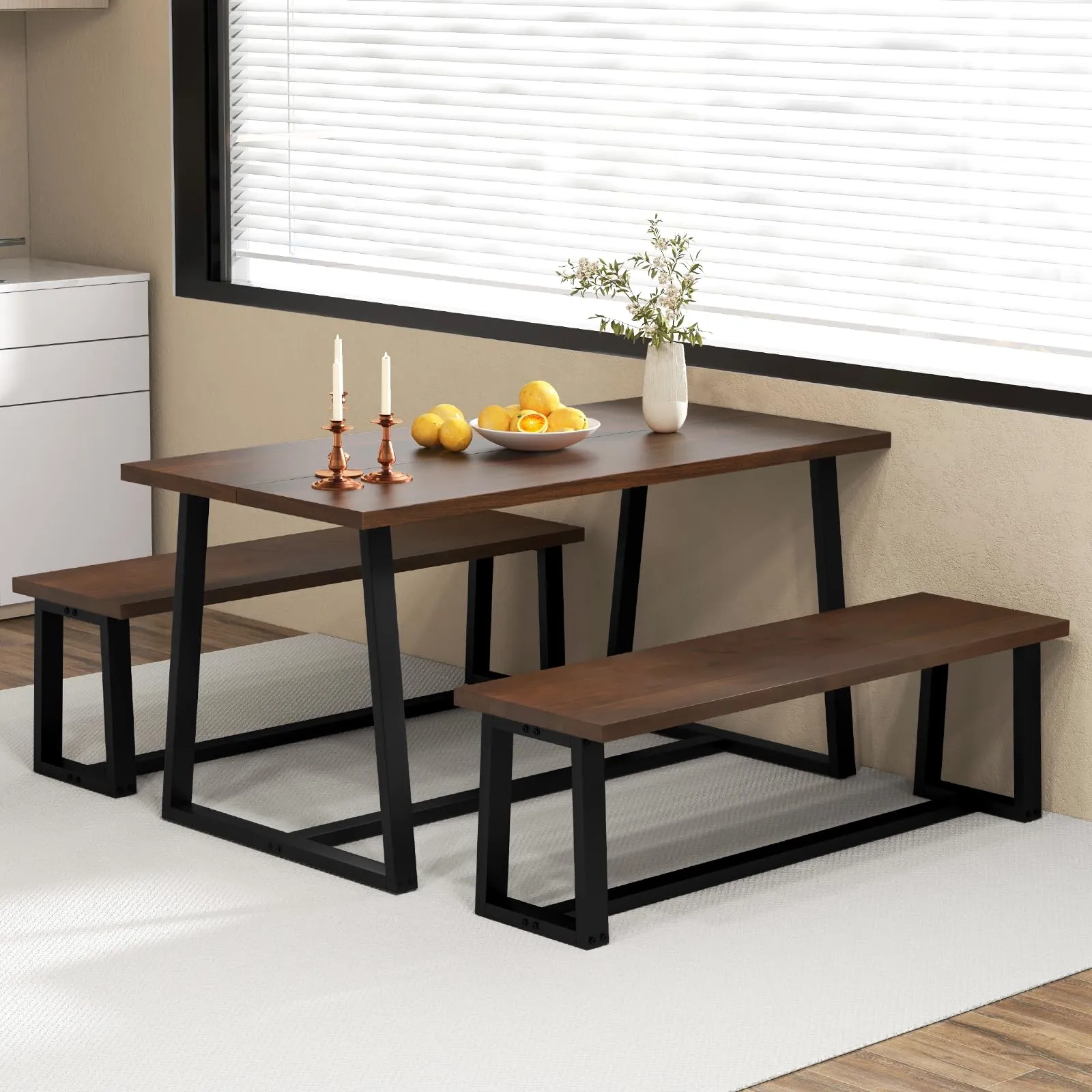 Giantex Dining Table Set for 4, 63 Table and 56.5 Benches Set for 4-6 People with Metal Frame