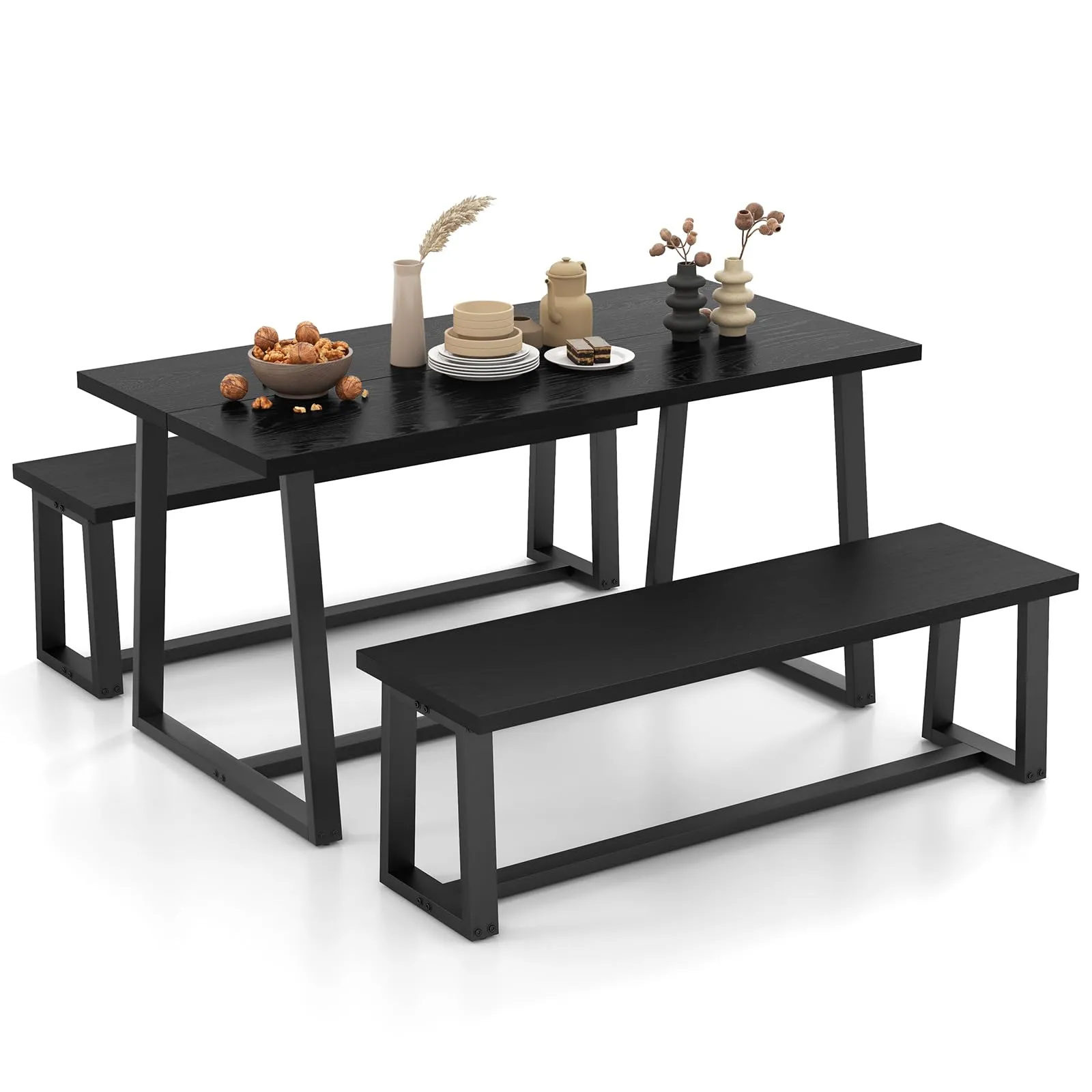 Giantex Dining Table Set for 4, 63 Table and 56.5 Benches Set for 4-6 People with Metal Frame