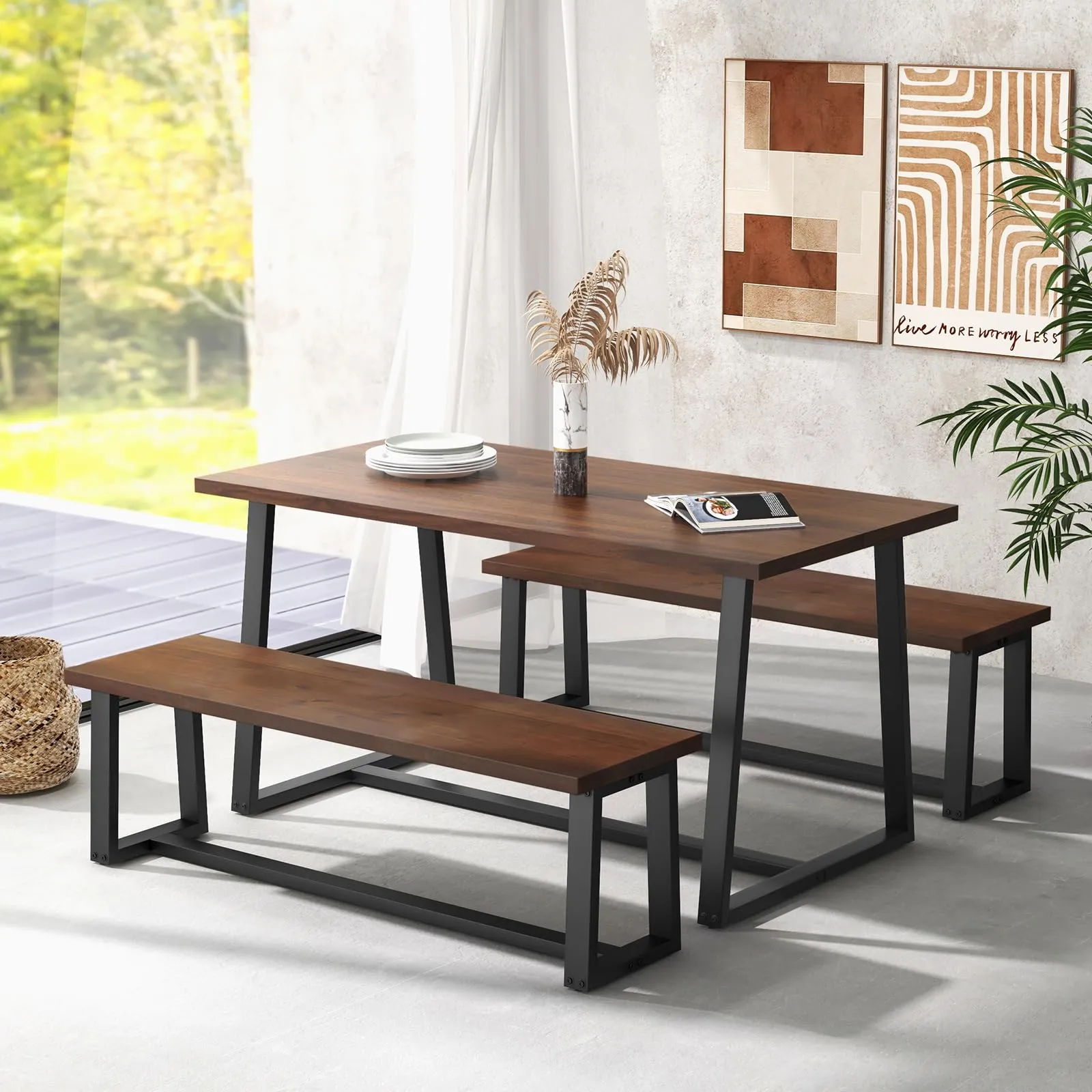 Giantex Dining Table Set for 4, 63 Table and 56.5 Benches Set for 4-6 People with Metal Frame