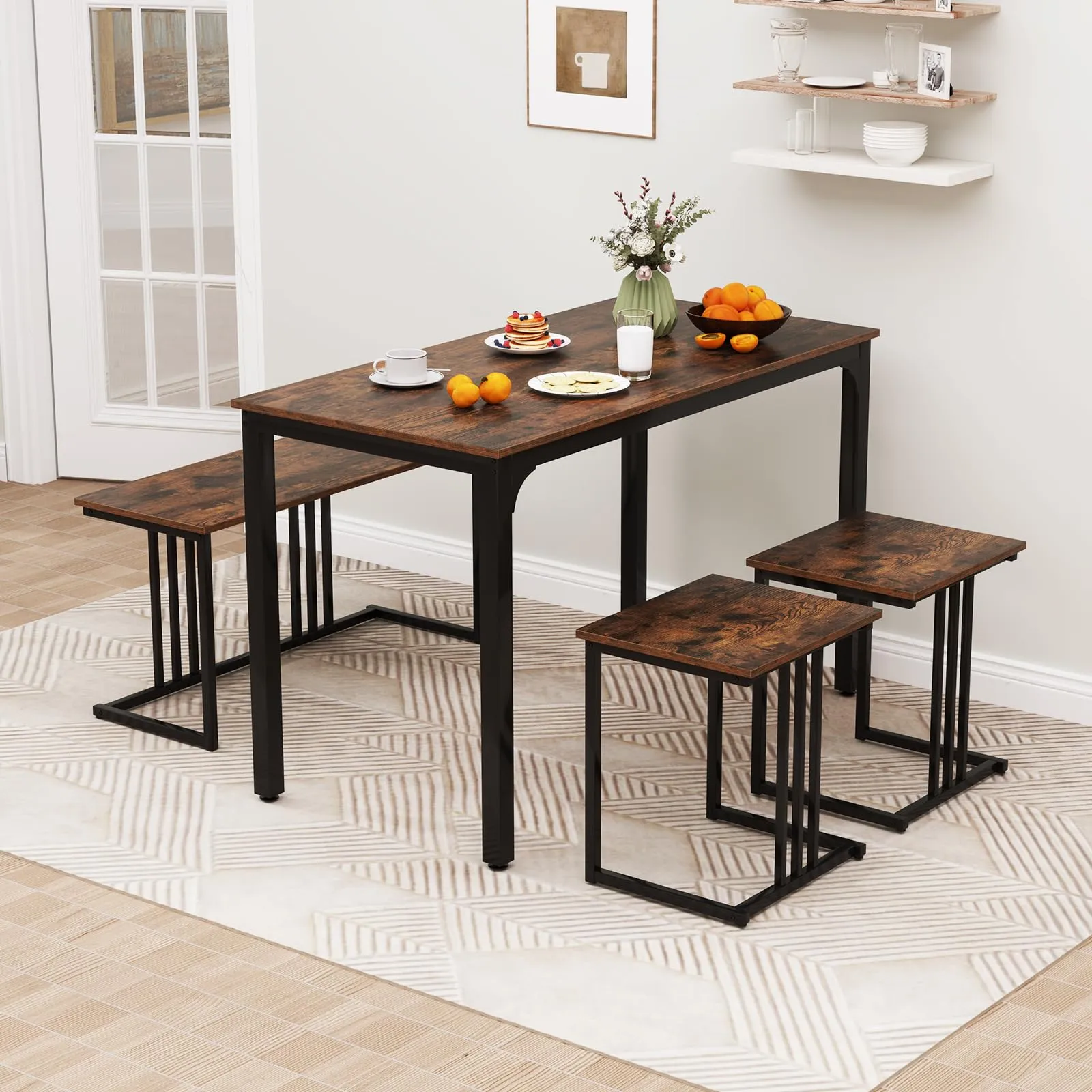Giantex Dining Table Set for 4 Industrial Kitchen Table 2 Chairs Stool & Bench